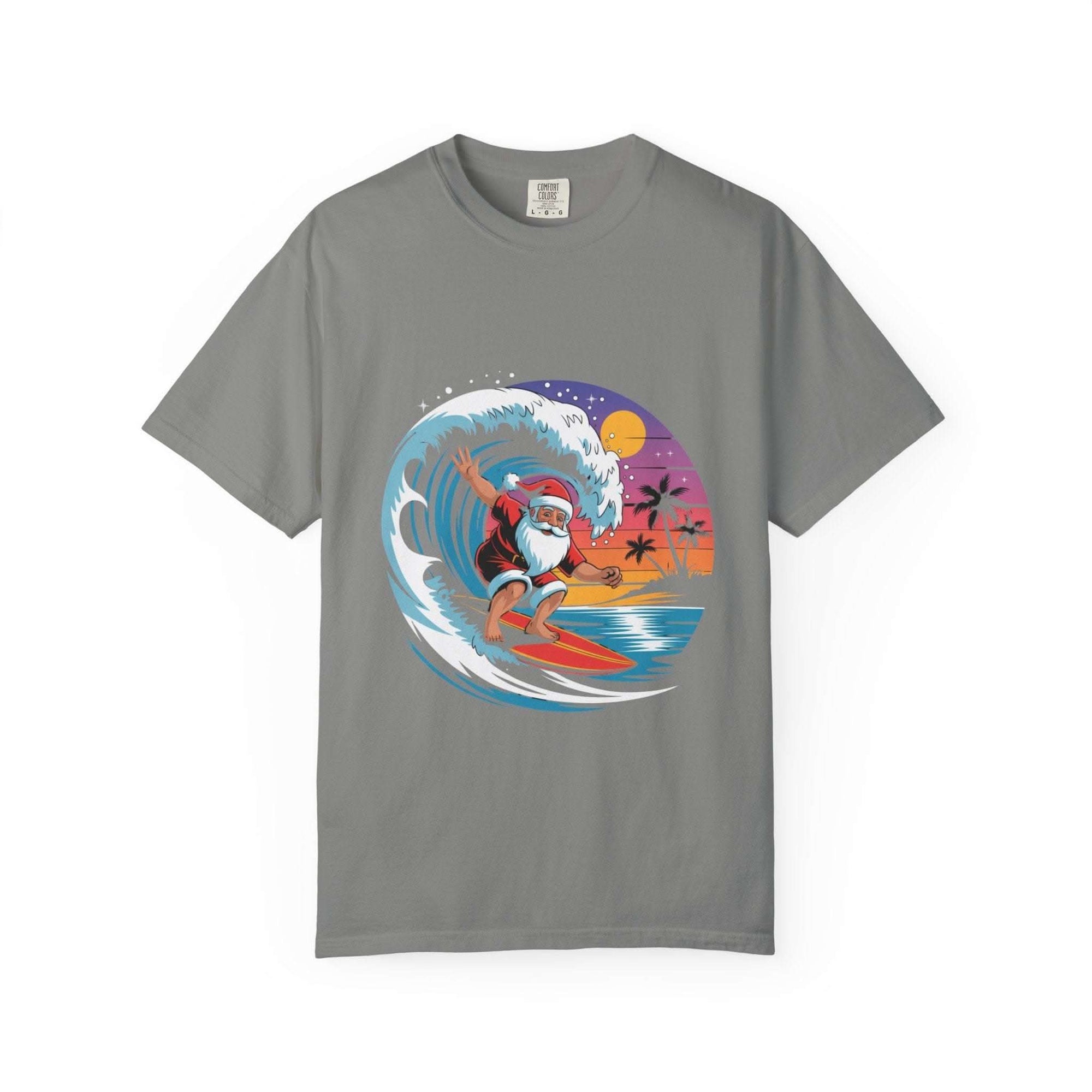 True Navy cotton t-shirt featuring a festive Surfing Santa design, ideal for Christmas holiday celebrations.