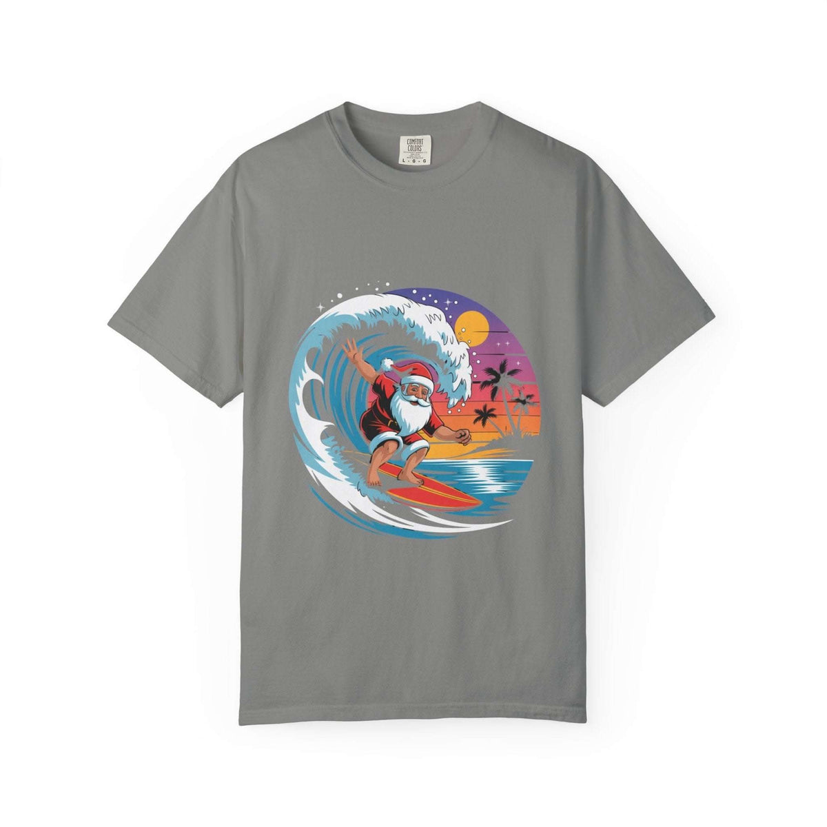 True Navy cotton t-shirt featuring a festive Surfing Santa design, ideal for Christmas holiday celebrations.