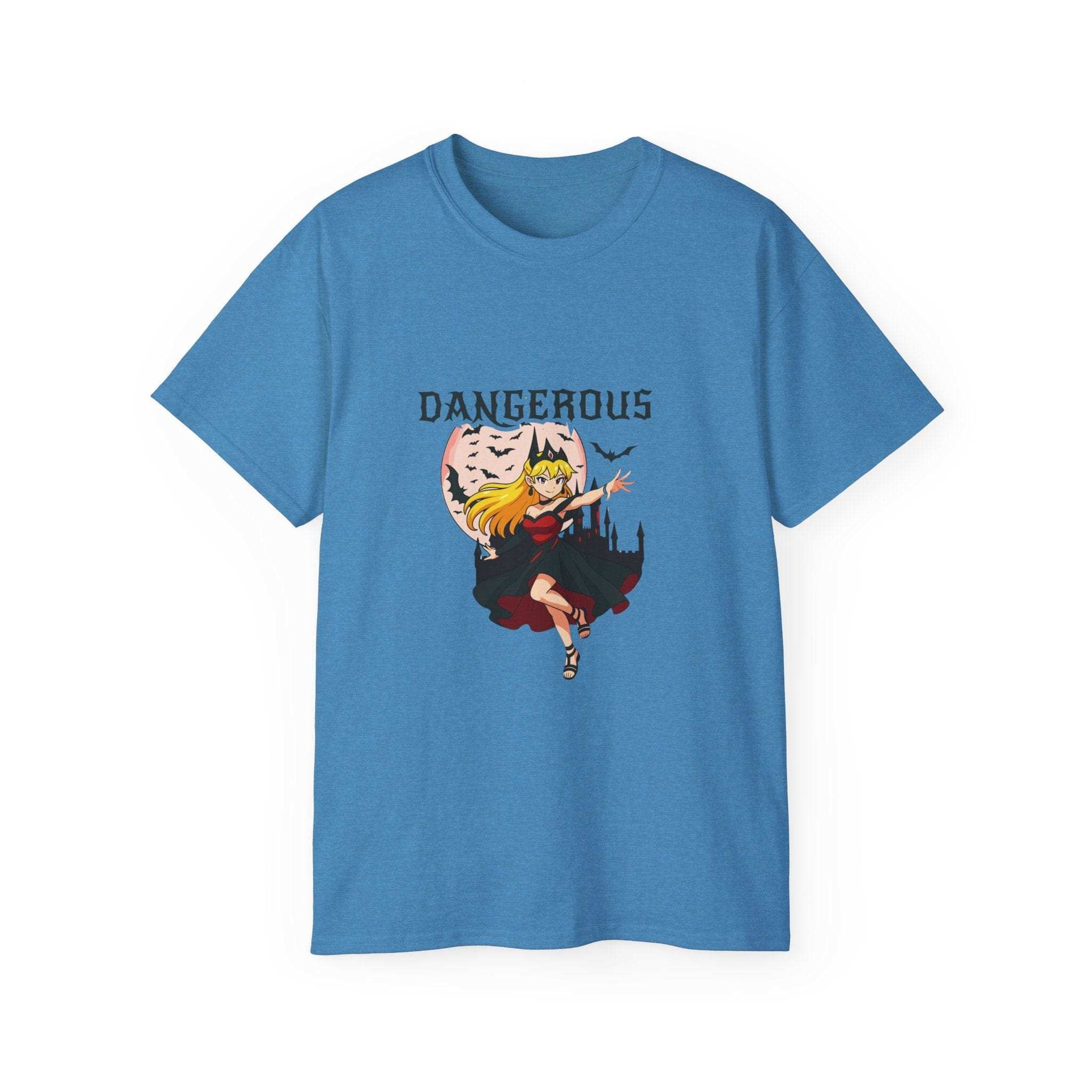 White eco-friendly cotton t-shirt featuring an Anime Halloween Dangerous Girl print, available in sizes S, M, L.