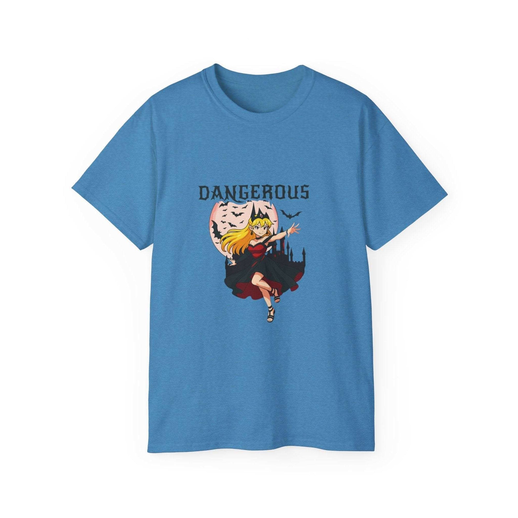 White eco-friendly cotton t-shirt featuring an Anime Halloween Dangerous Girl print, available in sizes S, M, L.