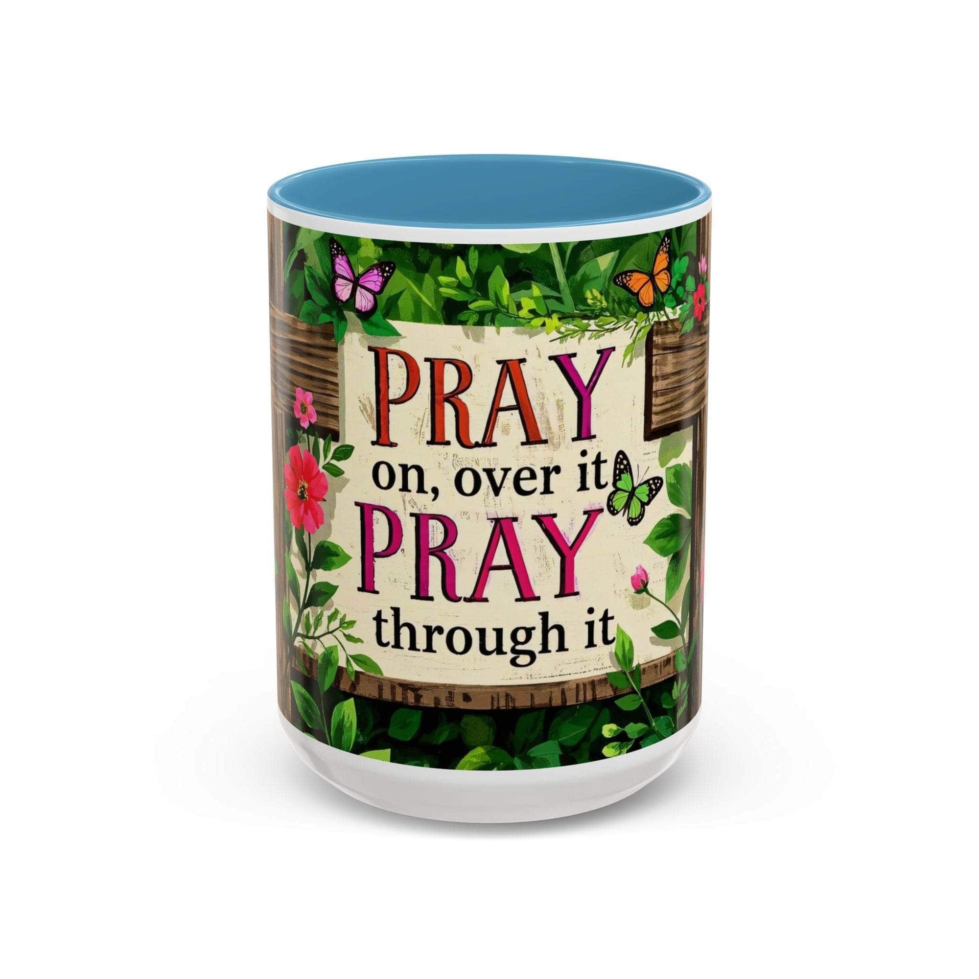 Mug with floral design and motivational quote on a white background