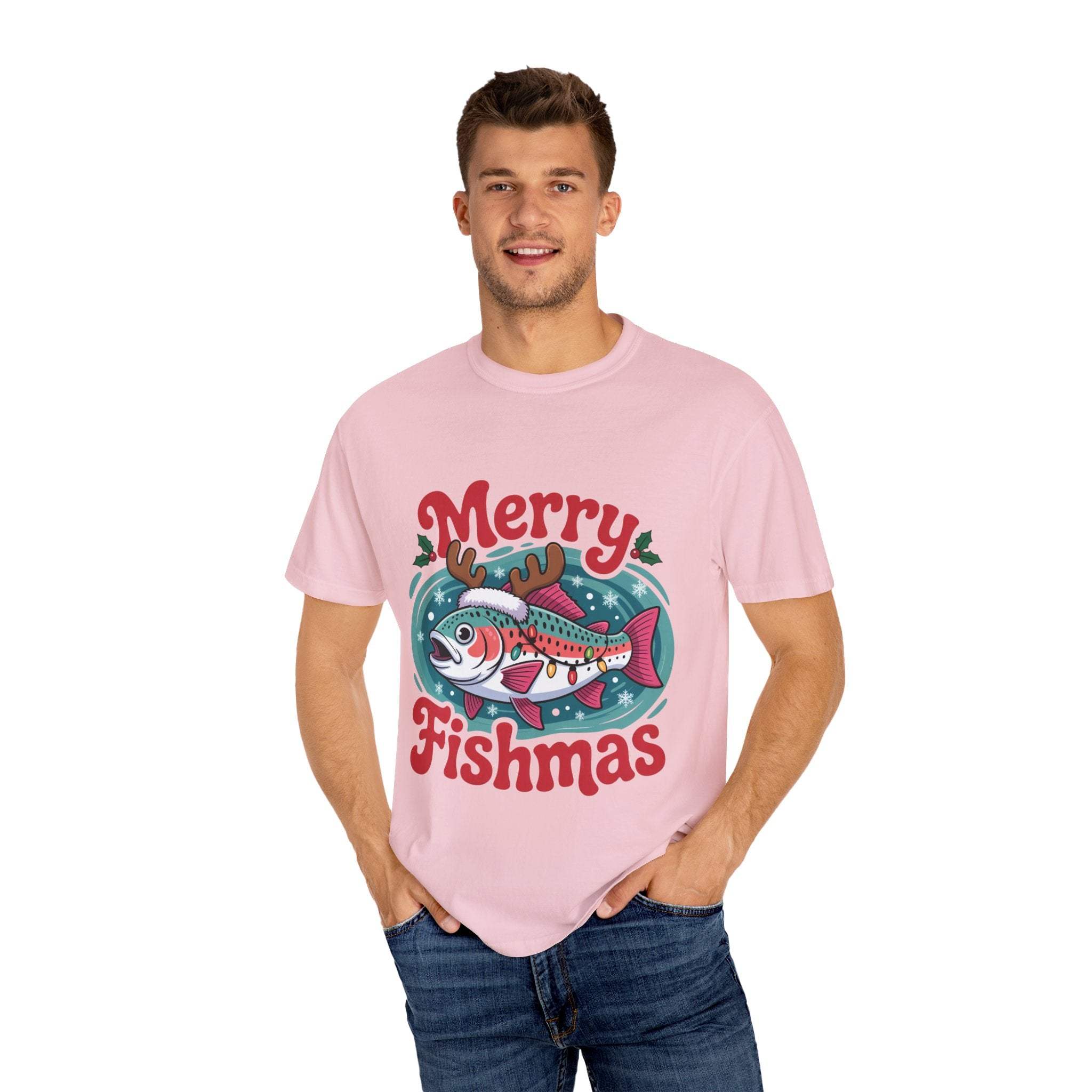 True Navy garment-dyed t-shirt featuring Merry Fishmas design for fishermen, by Printify