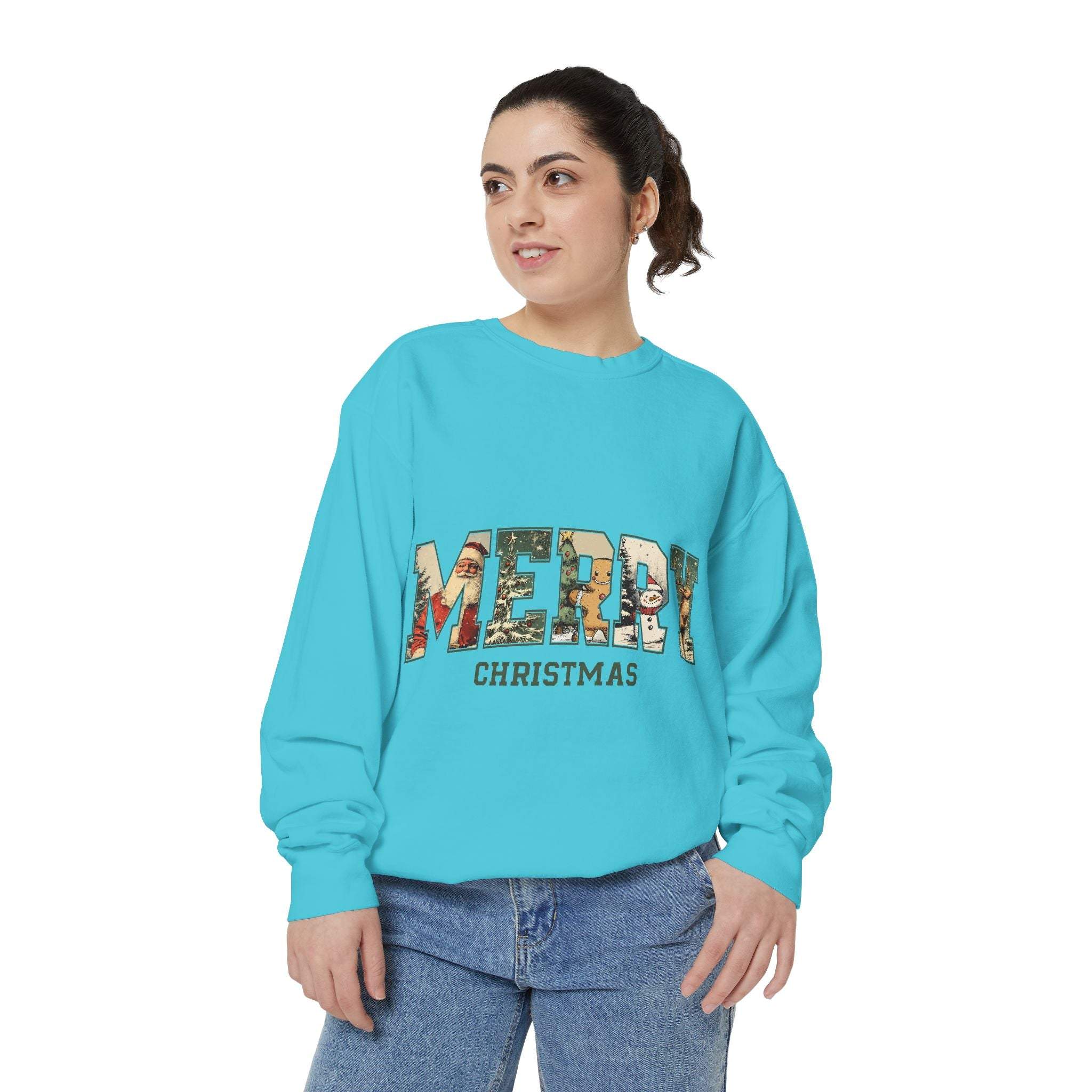 Vintage Varsity Merry Christmas sweatshirt in blue with festive graphic and relaxed fit