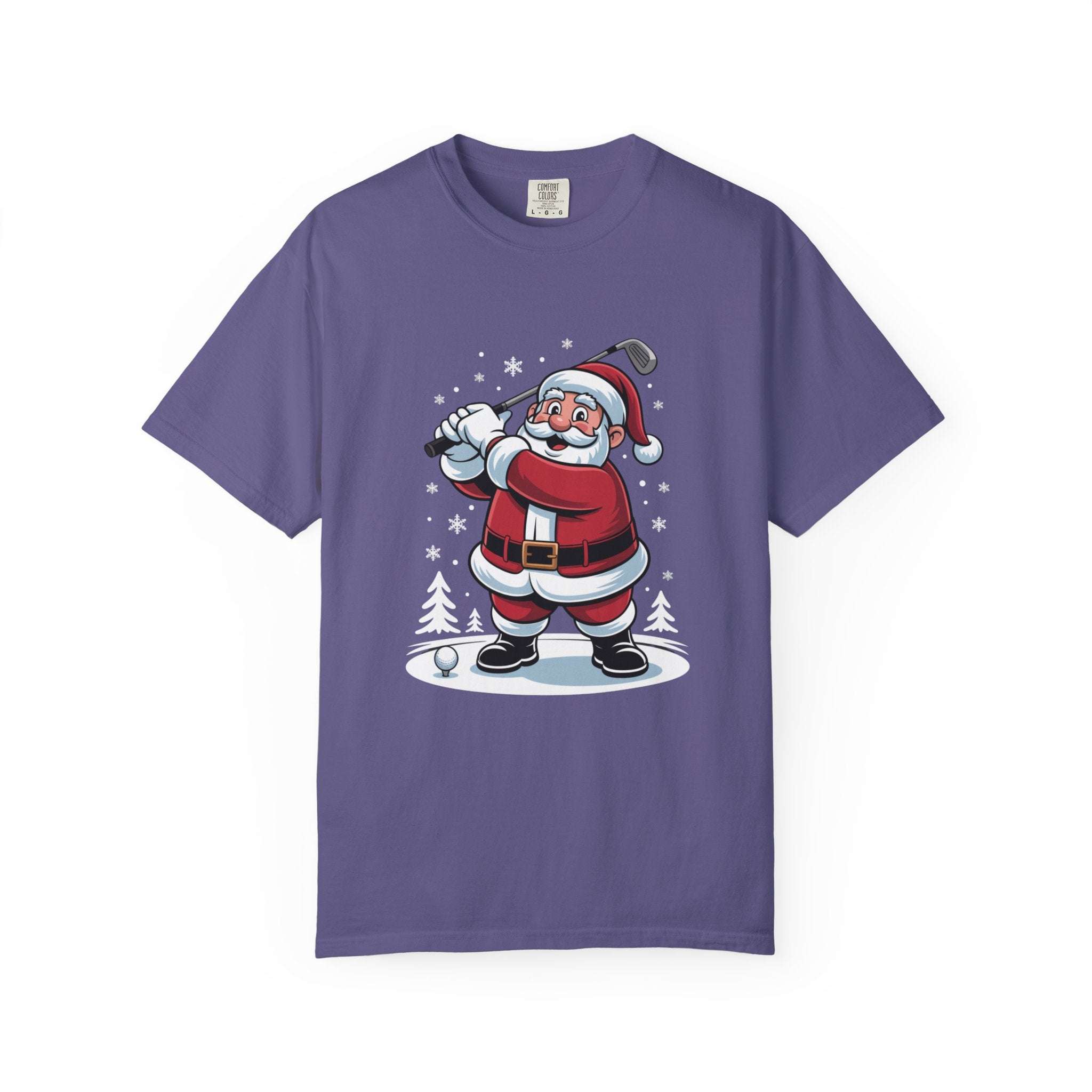 True Navy unisex t-shirt from Printify featuring a festive Santa golfing design, perfect for Christmas.