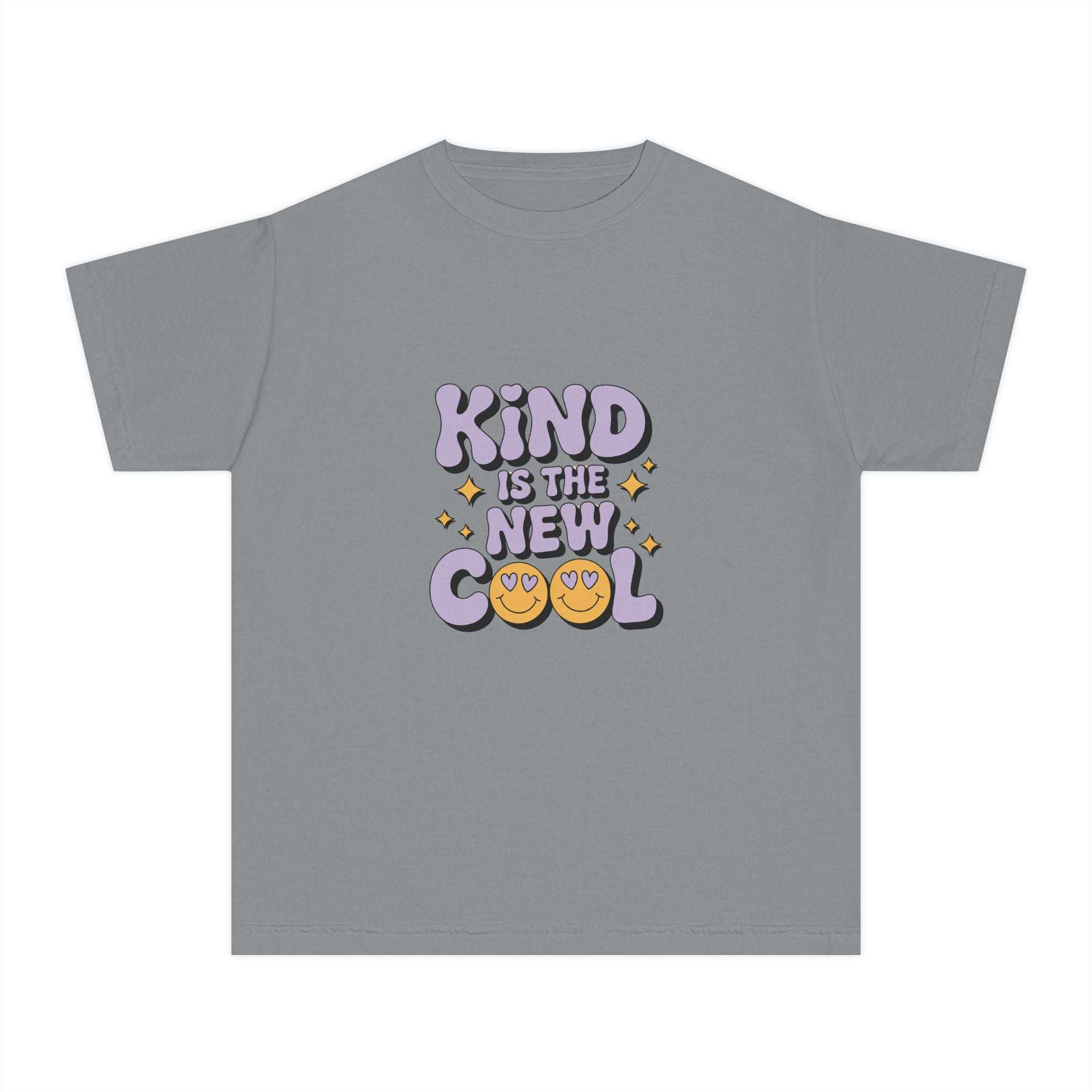 Black youth tee with 'Kind is the new Cool' slogan, perfect for back-to-school fashion by Printify.