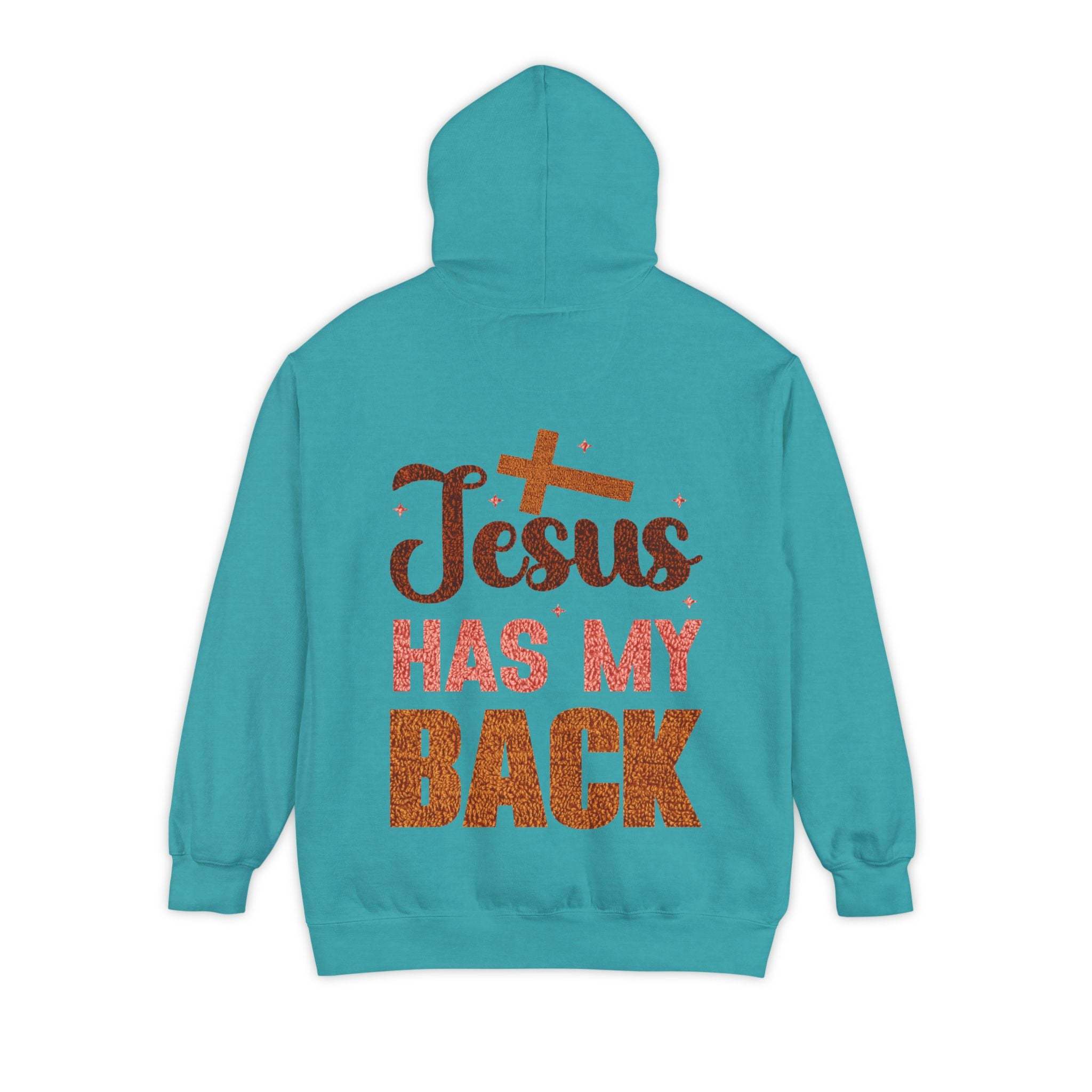 Jesus Has My Back Hoodie faith-based pullover with uplifting shoulder design and comfortable fit
