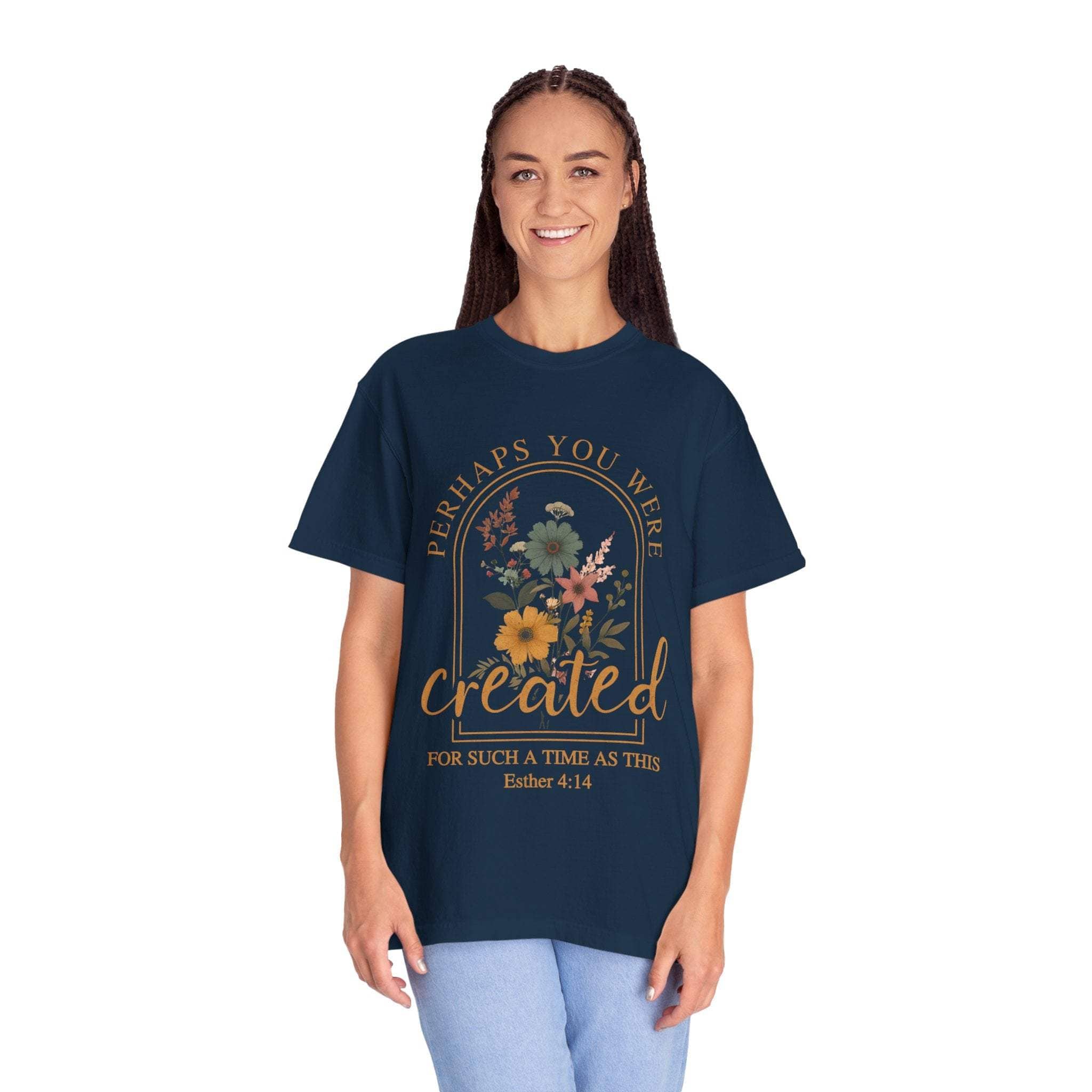 Woman wearing navy Created For Such A Time As This inspirational faith graphic t-shirt with floral design and scripture text
