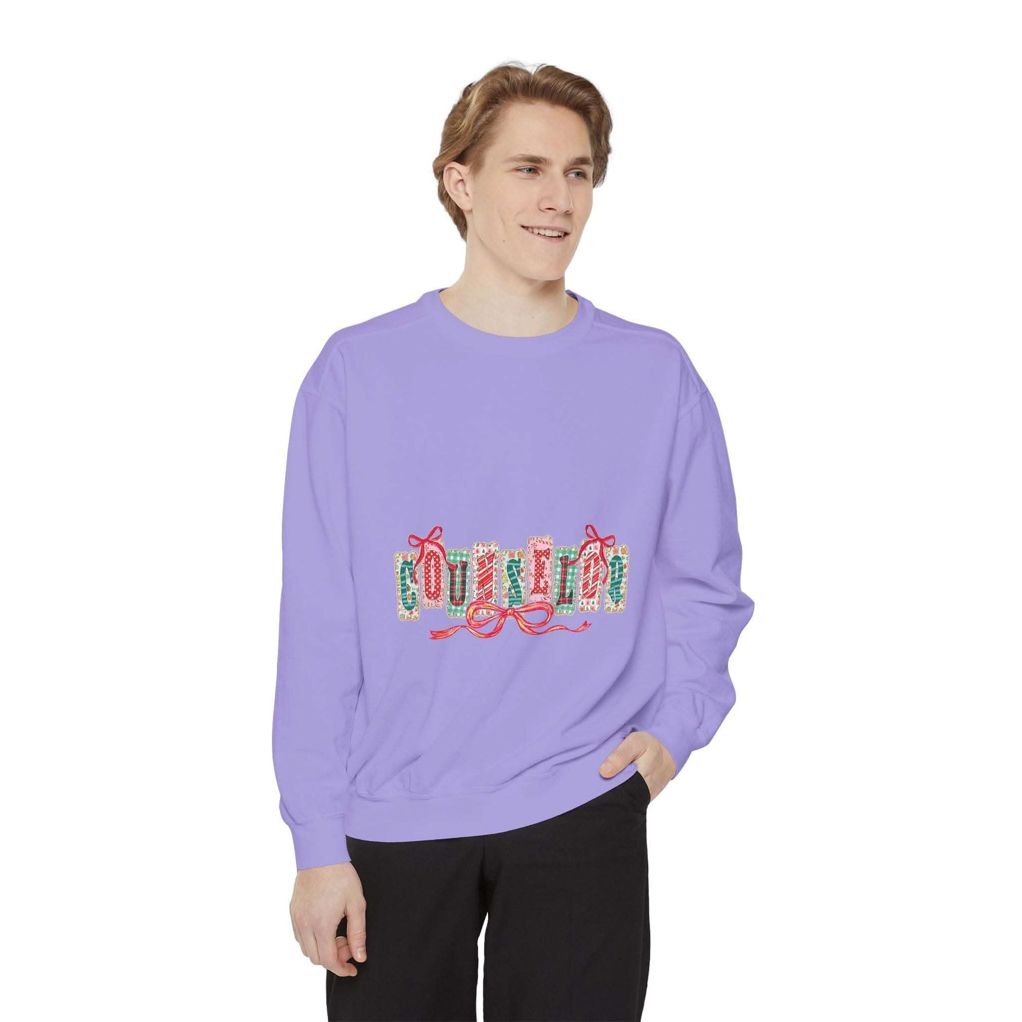 Garment-dyed True Navy sweatshirt with festive Christmas design, perfect for holiday gifting, by Printify
