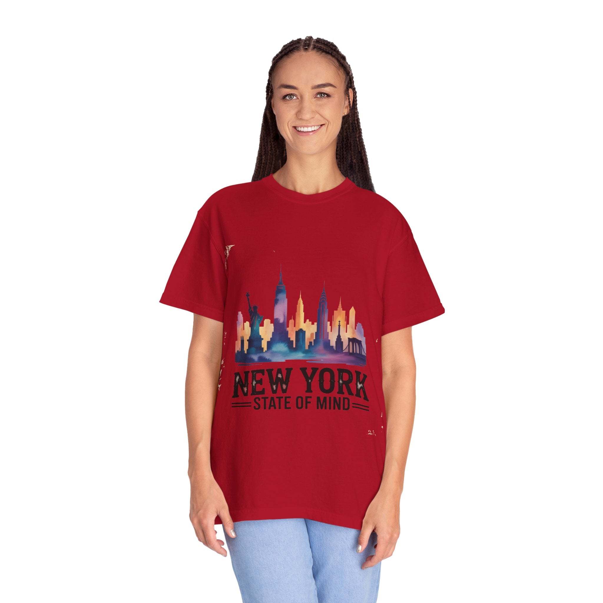 Woman wearing red garment-dyed T-shirt with New York State of Mind skyline design
