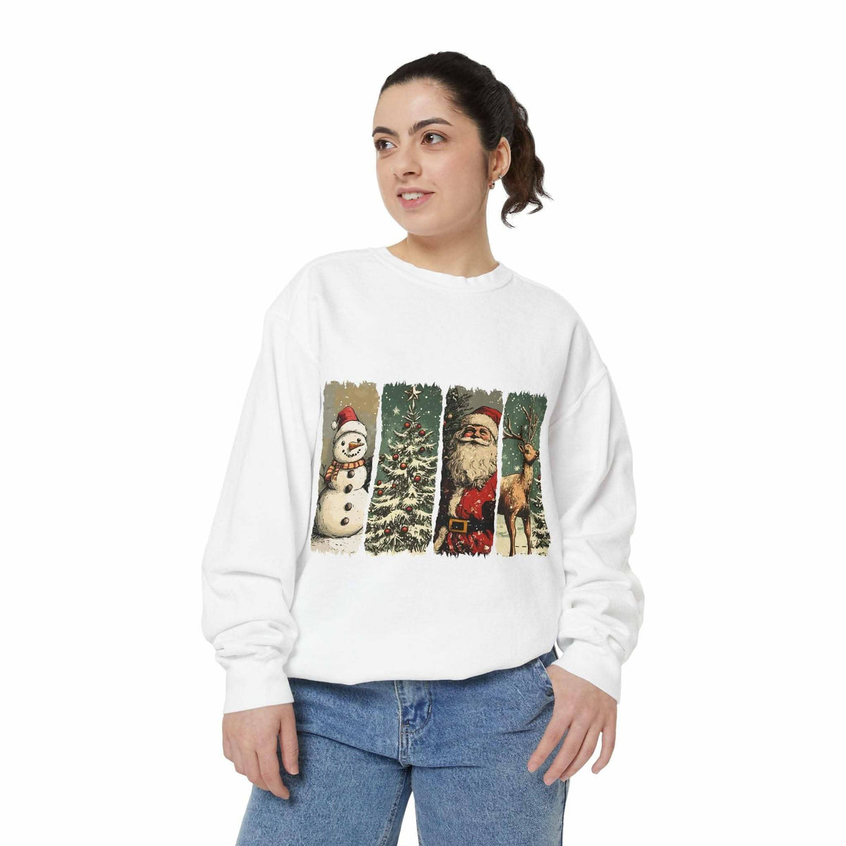 Woman wearing vintage Christmas sweatshirt with watercolor snowman, tree, Santa, and reindeer designs