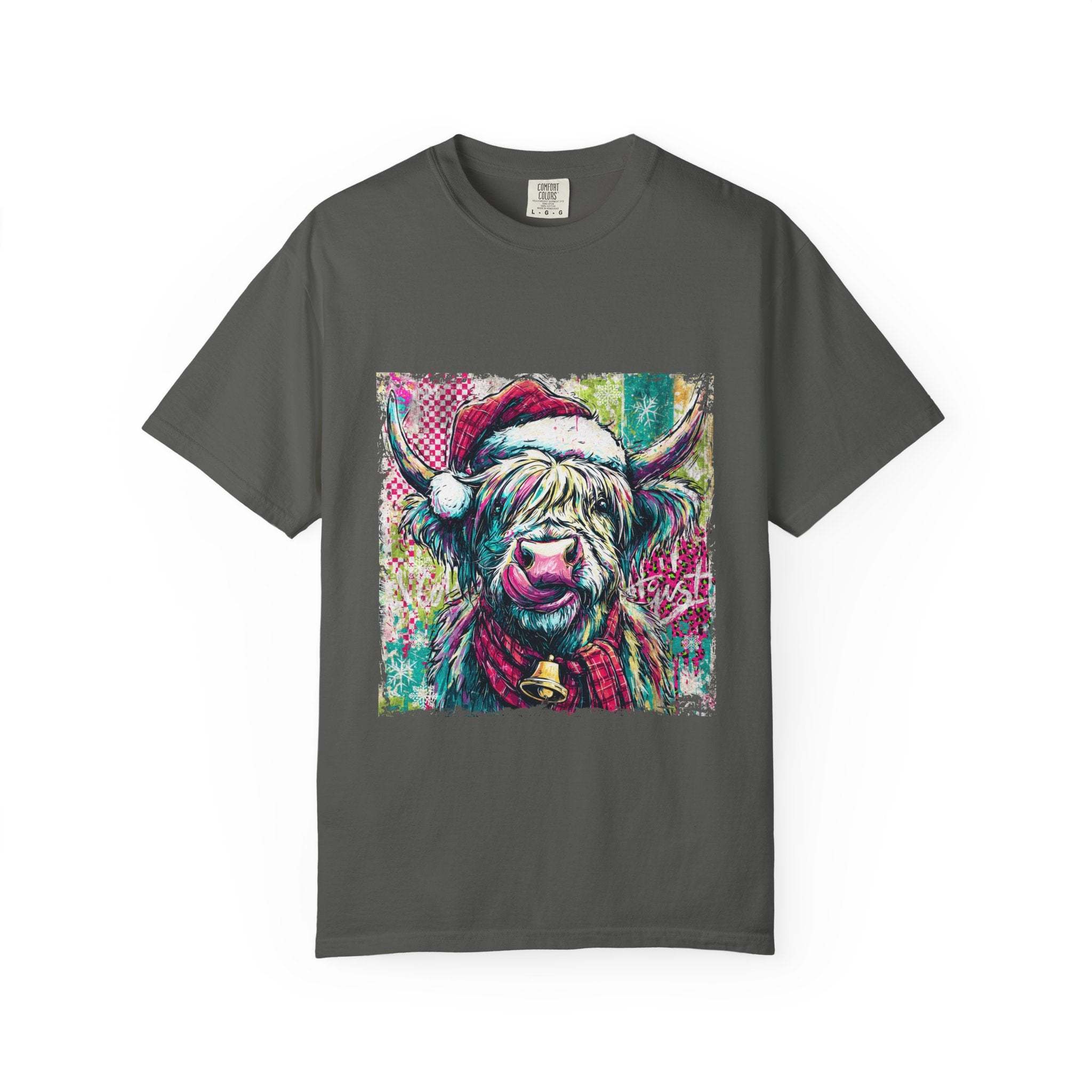 Retro Santa Highland Cow graphic on green cotton T-shirt