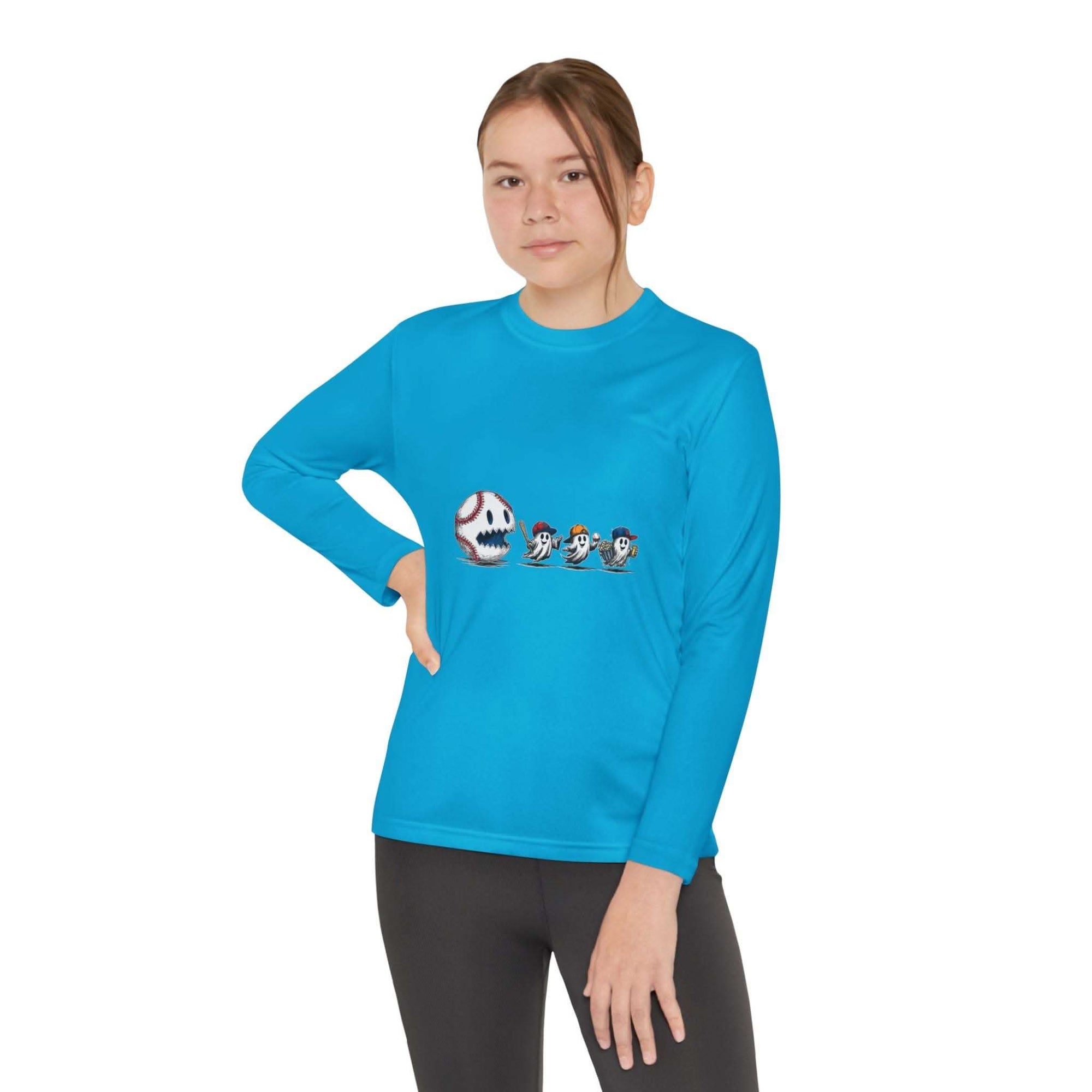 Youth Tee long sleeve shirt with baseball eating Halloween ghost graphic in blue moisture-wicking fabric