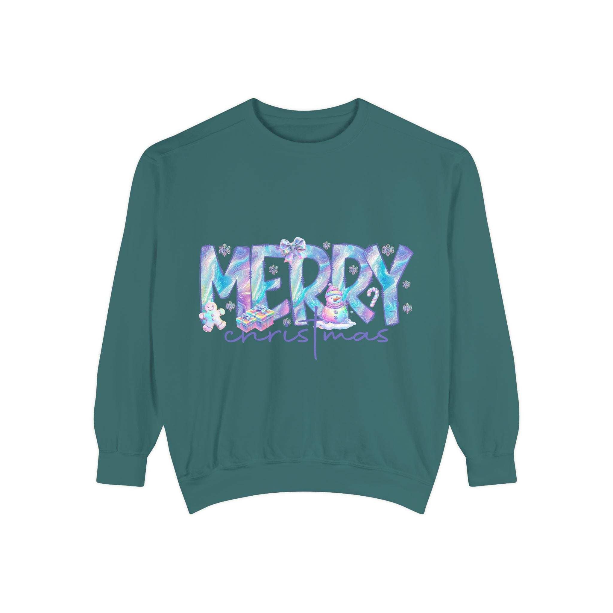 unisex sweatshirt with iridescent Merry Christmas design in pastel colors on teal fabric
