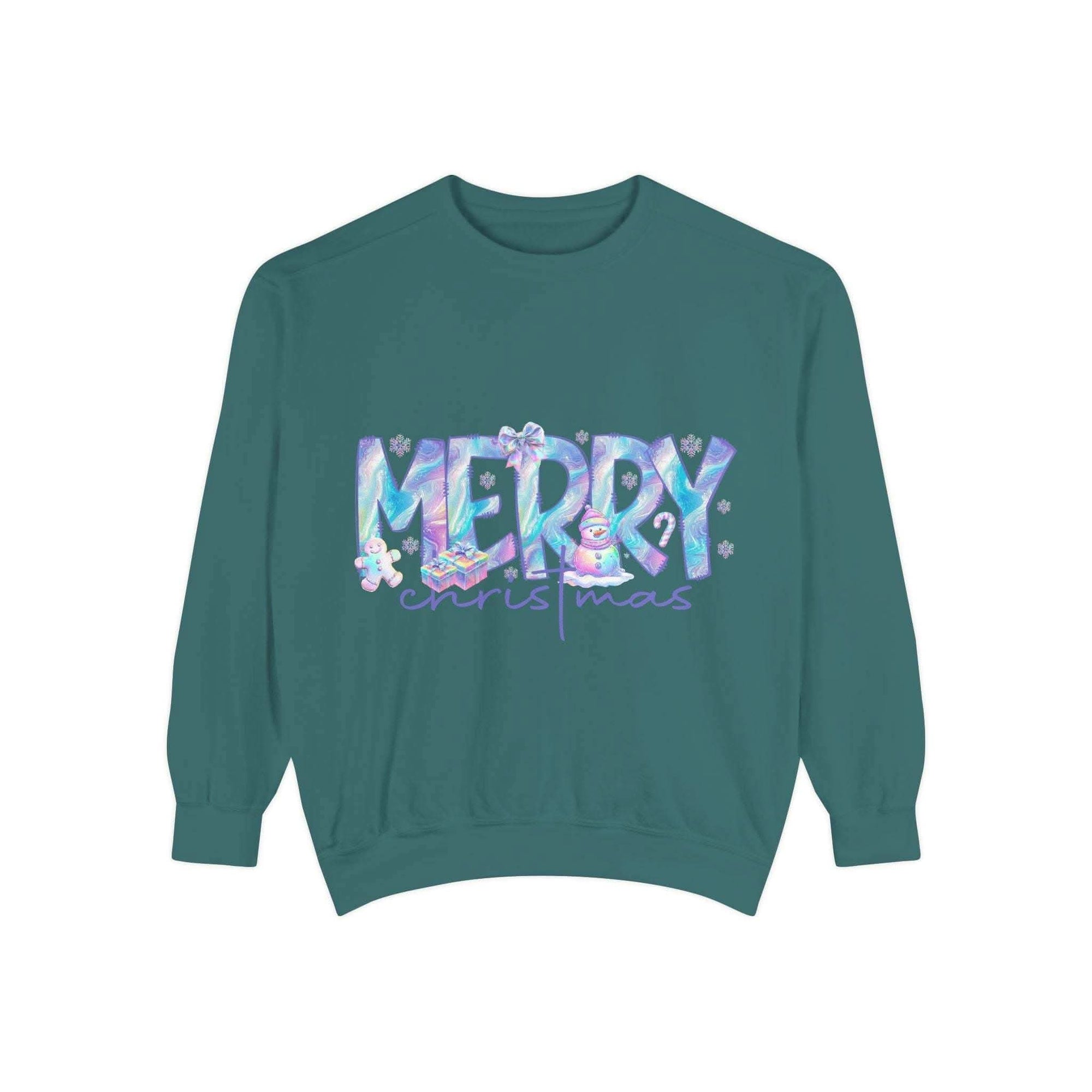 unisex sweatshirt with iridescent Merry Christmas design in pastel colors on teal fabric