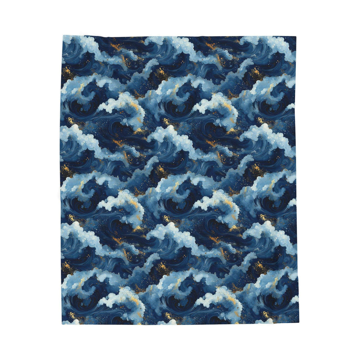 Navy blue velveteen plush blanket with high-detail ocean wave pattern and gold moonlight accents