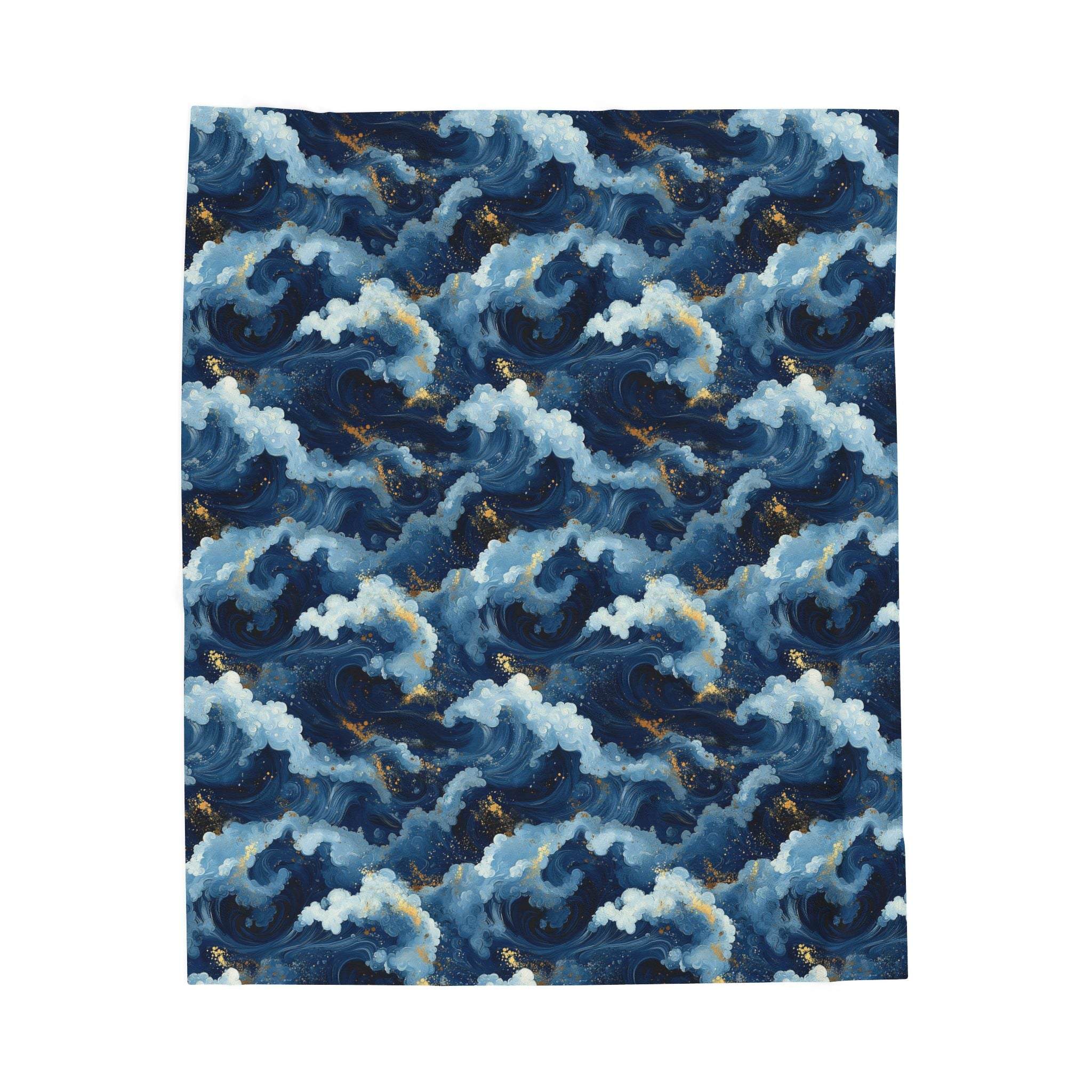 Navy blue velveteen plush blanket with high-detail ocean wave pattern and gold moonlight accents