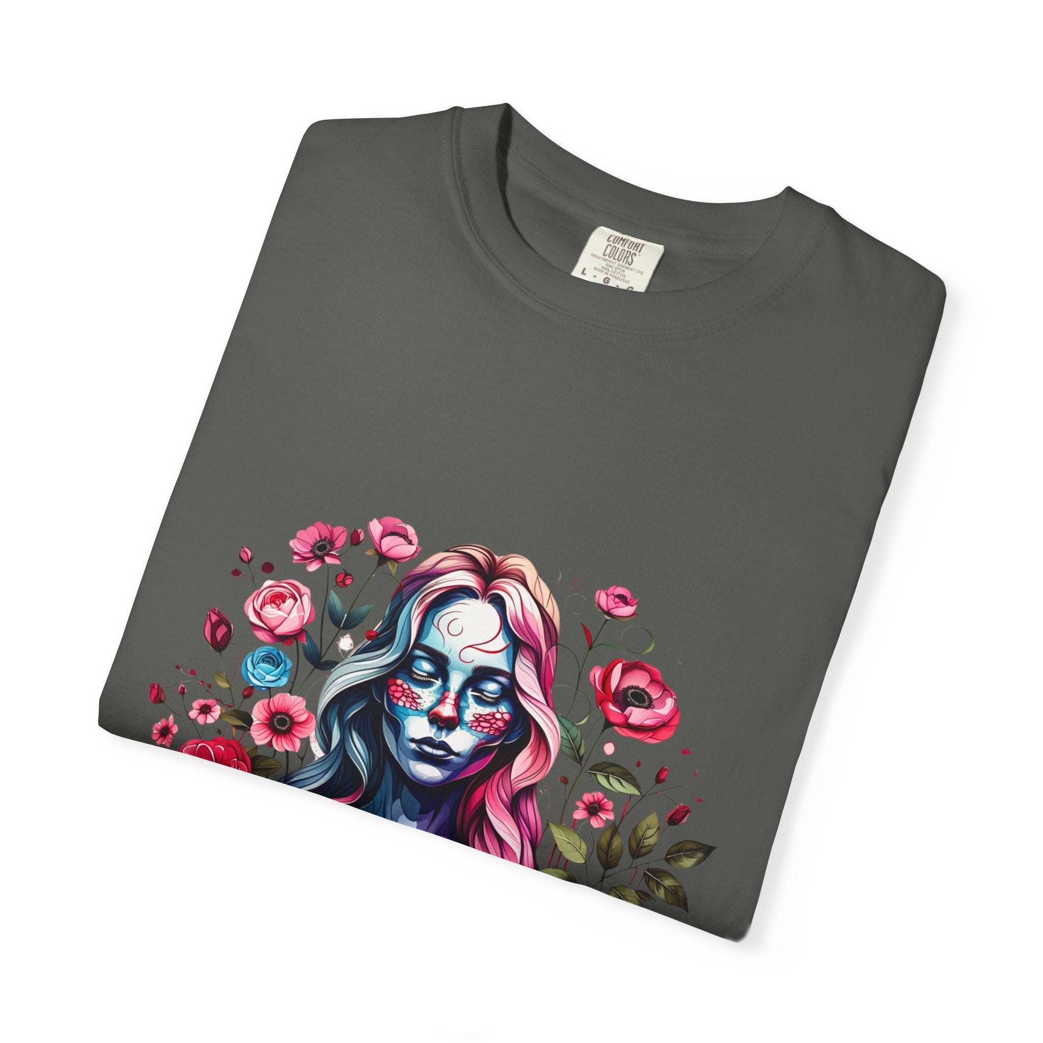 Soft everyday tee with elegant floral skeleton print, unisex Halloween style shirt