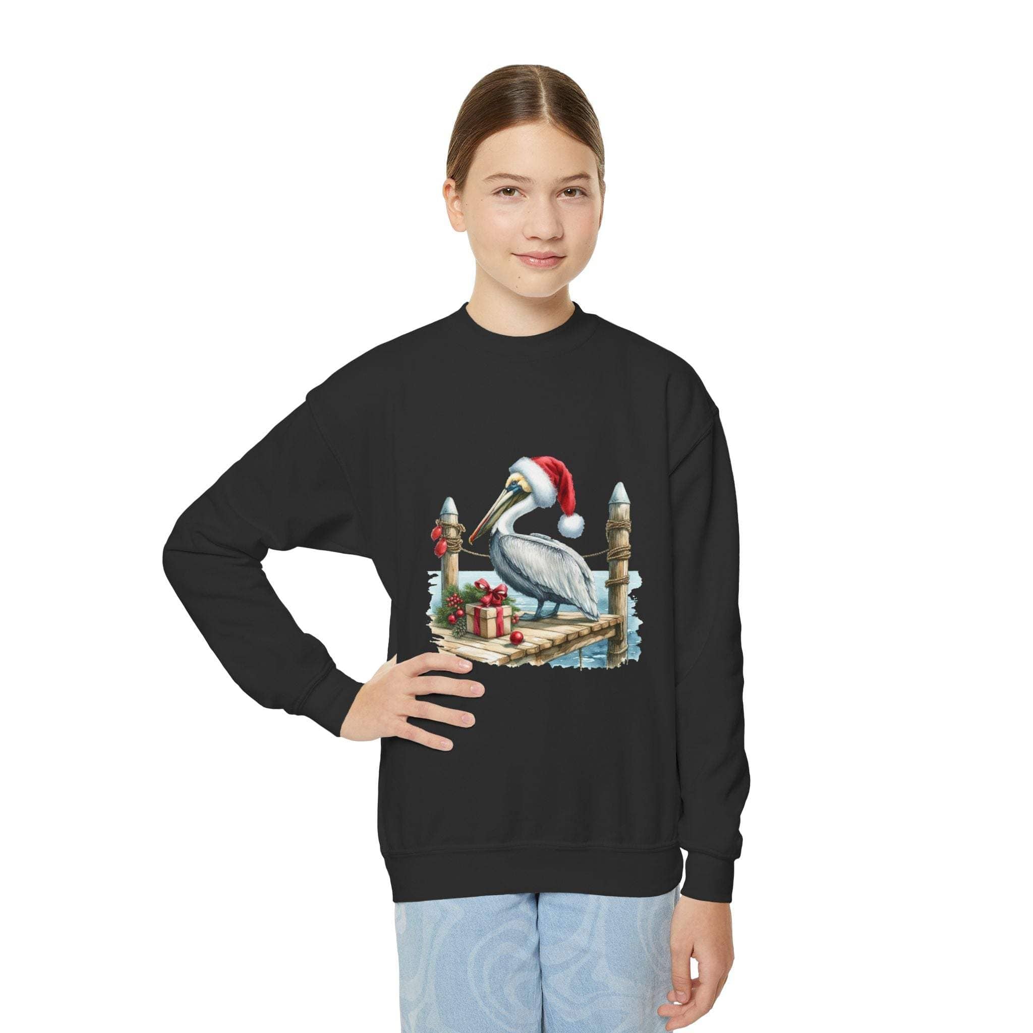 Youth black crewneck sweatshirt with pelican wearing Santa hat embroidery and holiday gifts design