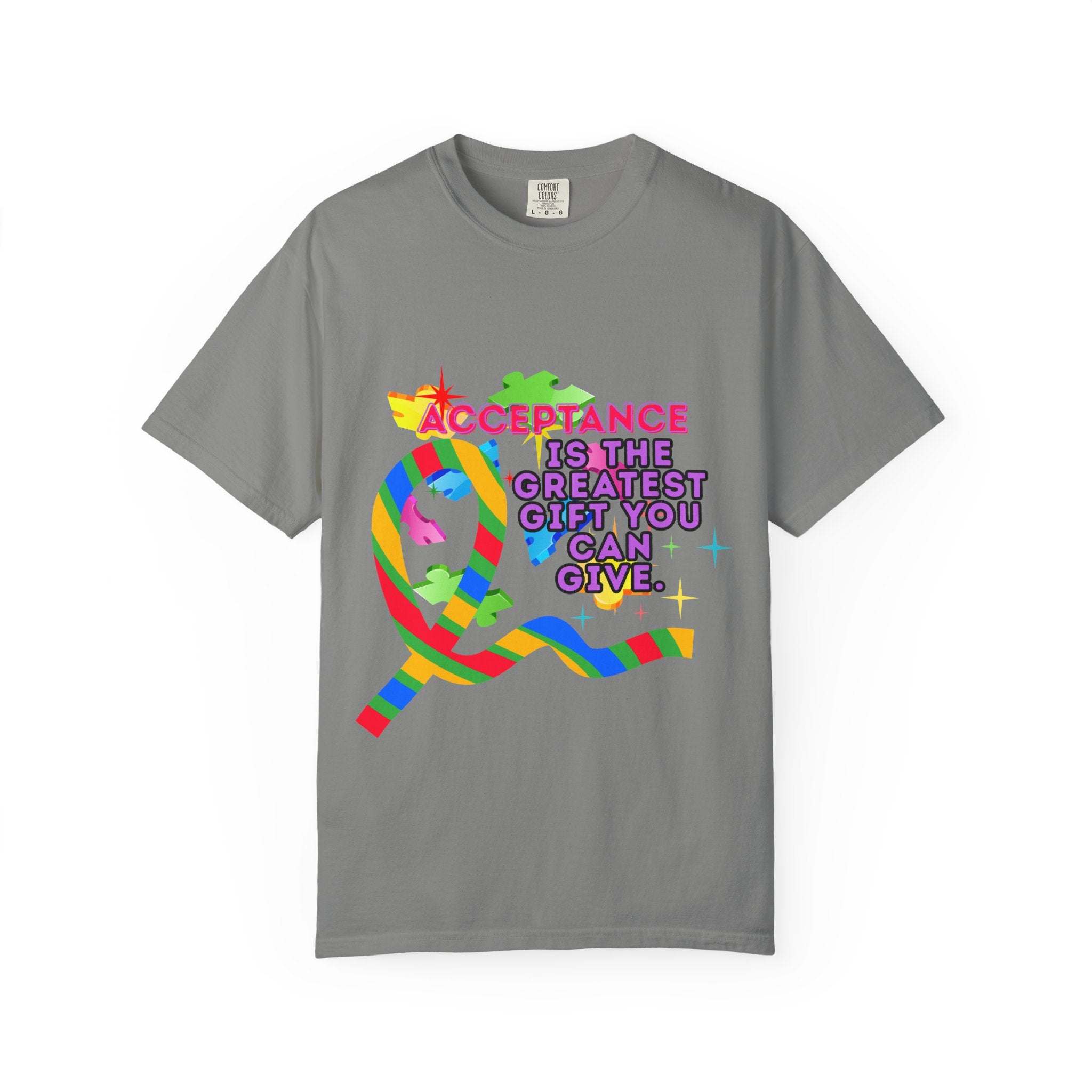 Garment-dyed gray T-shirt with colorful Autism acceptance ribbon and "Acceptance is the greatest gift you can give" text
