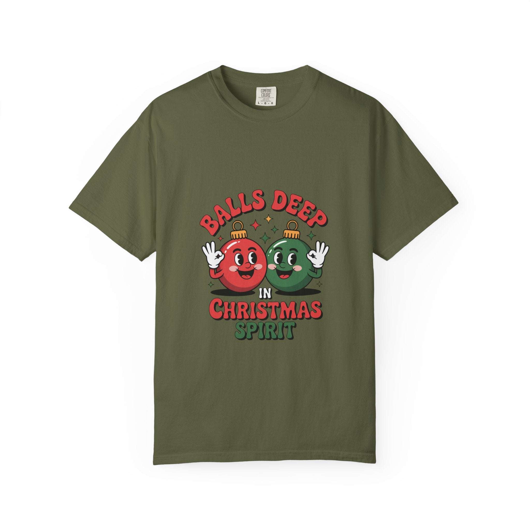 White t-shirt with humorous 'Balls Deep In Christmas Spirit' quote by Printify, suitable for festive occasions