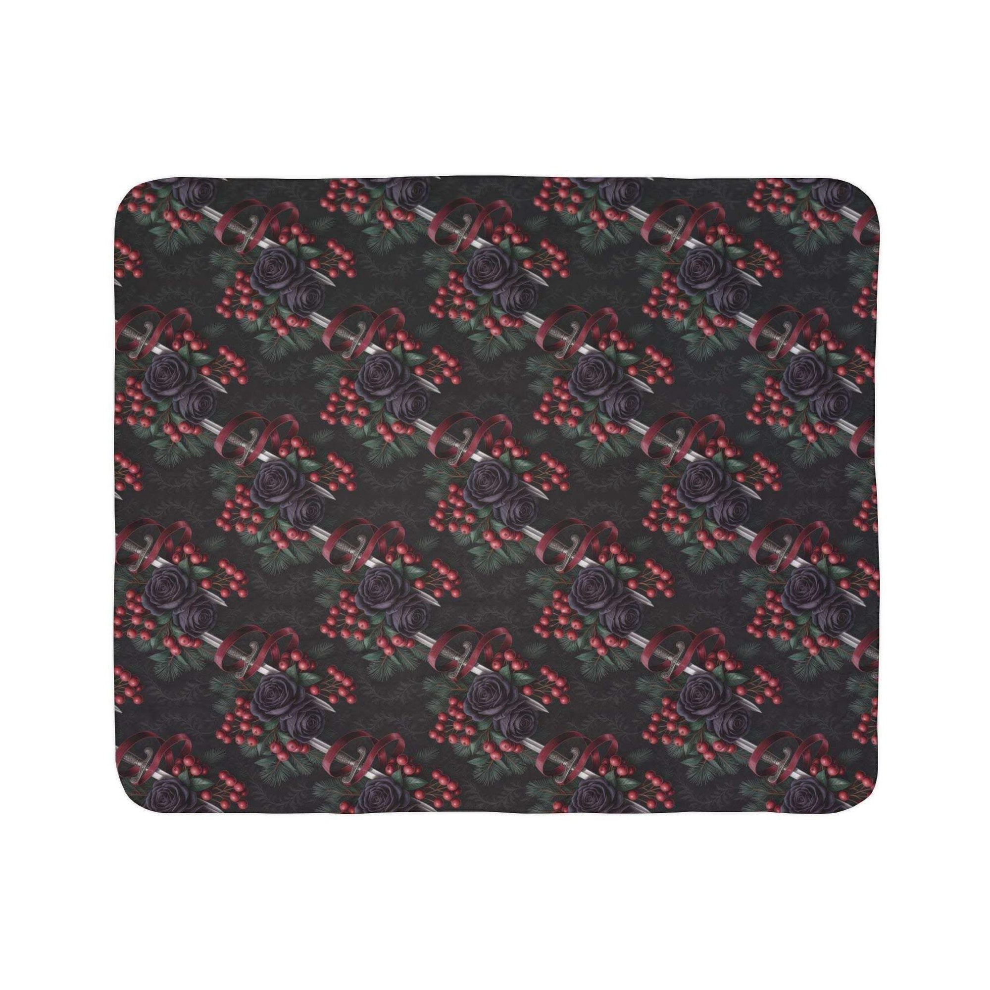 Gothmas Black Roses & Daggers fleece sherpa blanket with black rose and dagger pattern, plush and soft with vibrant print and hemmed edges.