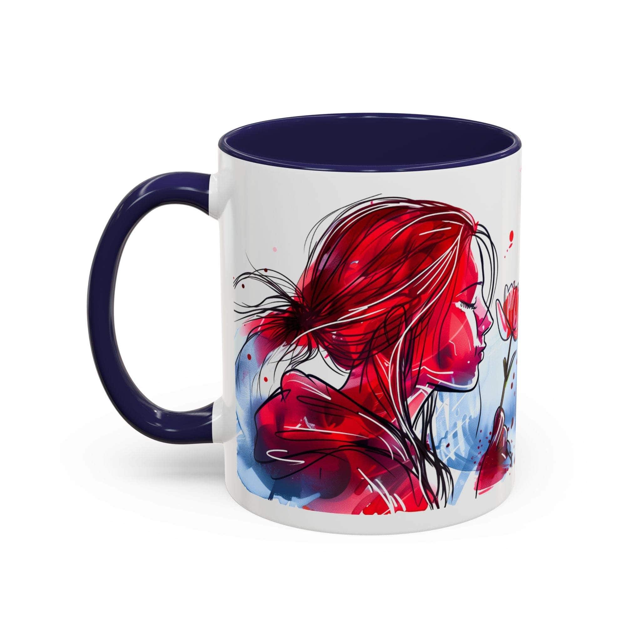 Mug with artistic design of a face with red hair on a white background