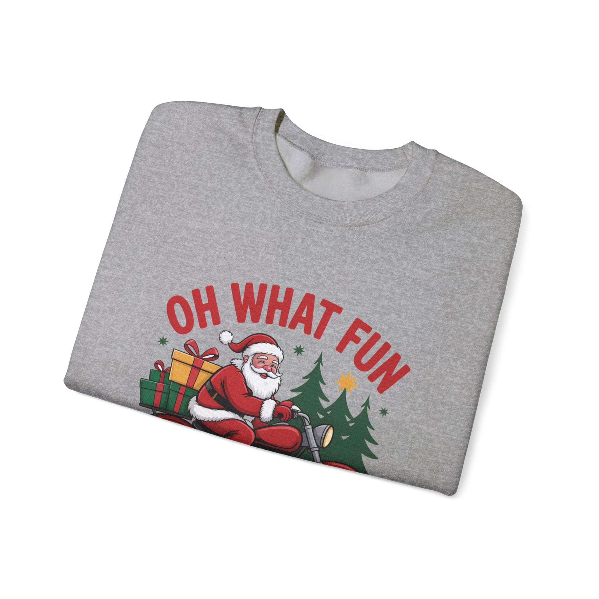 Black crewneck sweatshirt featuring a Santa motorcycle graphic by Printify, perfect for cozy winter wear.