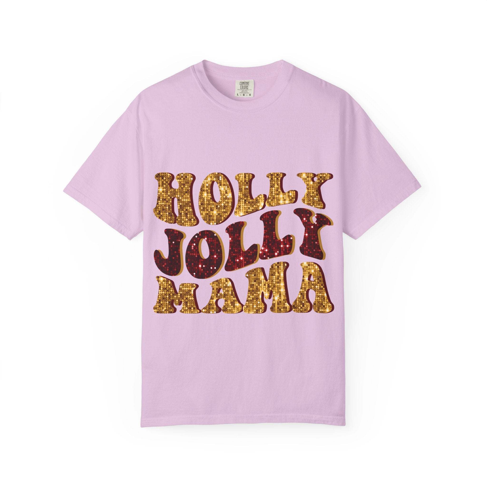 Faux Glitter Holly Jolly Mama pink holiday t-shirt with glittery text design for moms