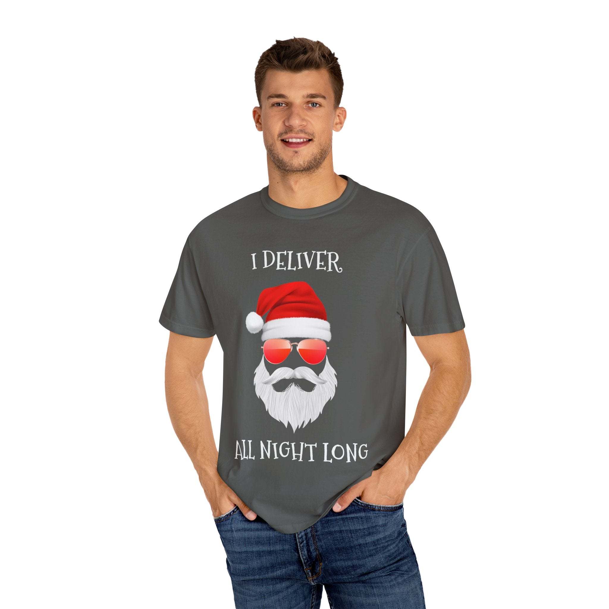Espresso cotton t-shirt featuring 'Santa I Deliver All Night Long' print, holiday-themed design by Printify