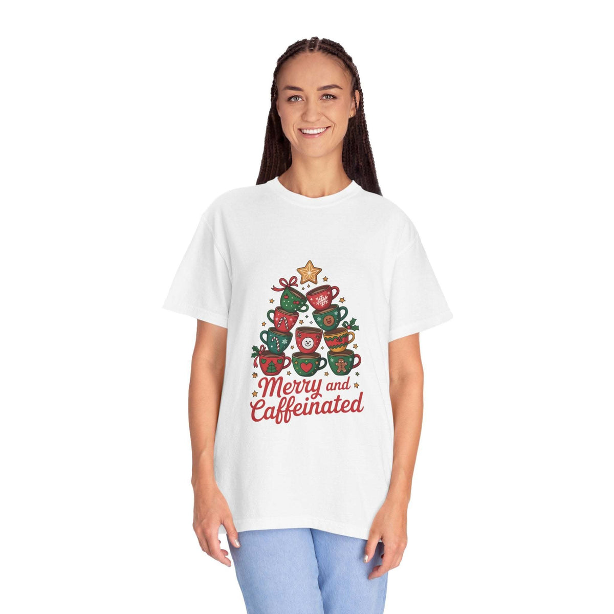 Woman wearing a white Merry and Caffeinated T-shirt with festive coffee cup design perfect for holiday coffee lovers
