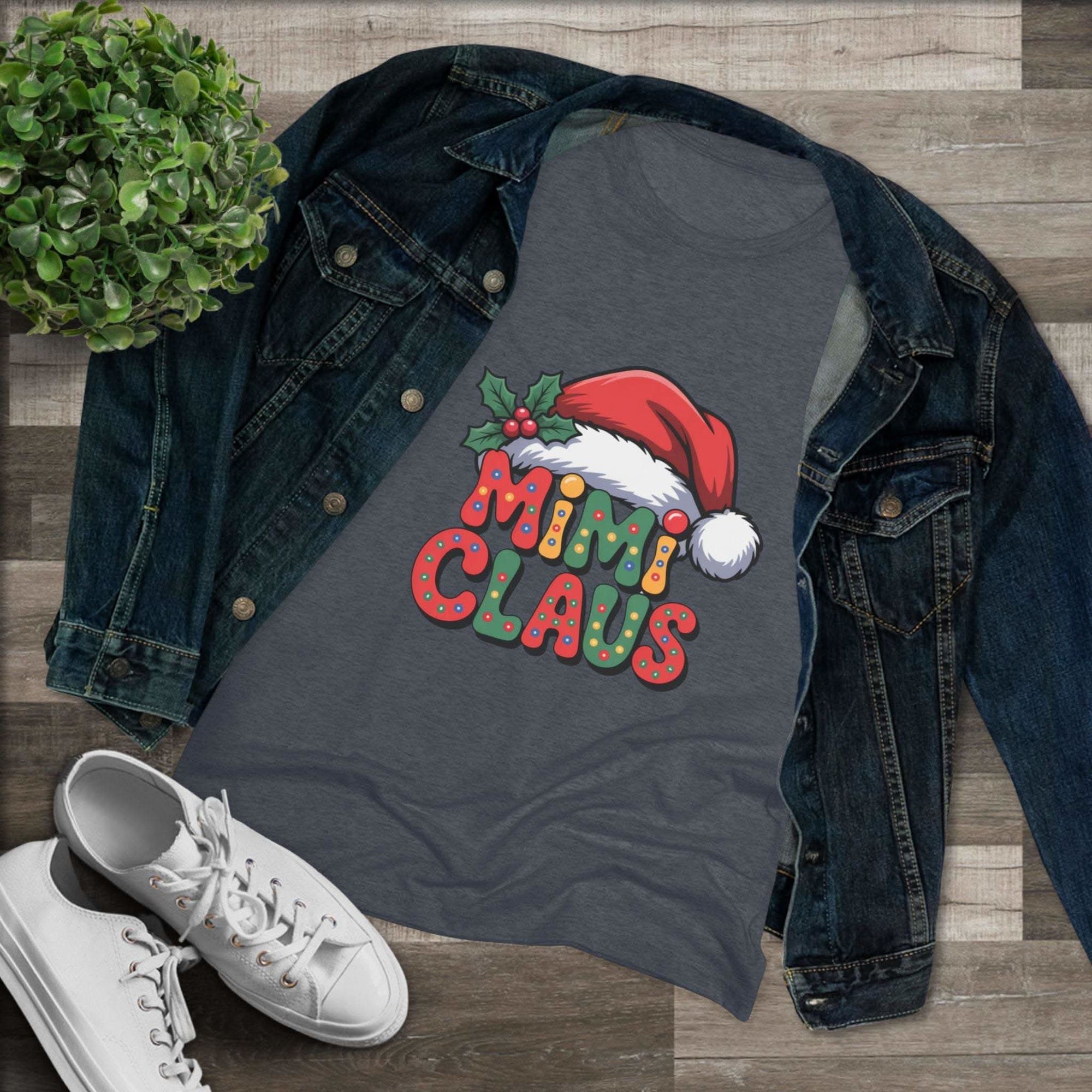 Women T-shirt with festive Mimi Claus design and Santa hat in soft triblend fabric for Christmas holiday