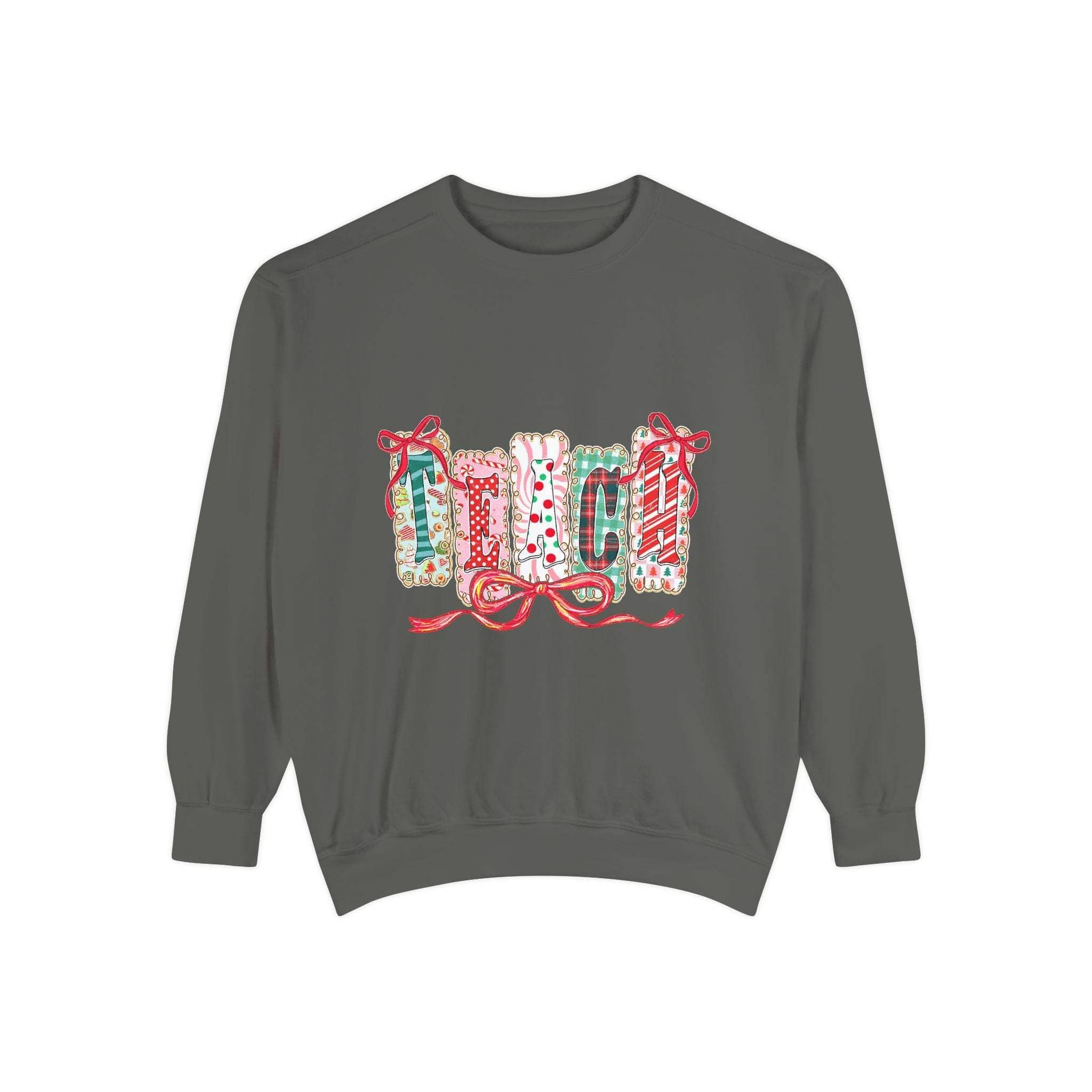 Cozy pepper-colored sweatshirt with 'Teach' print, perfect for Christmas holiday gift, by Printify