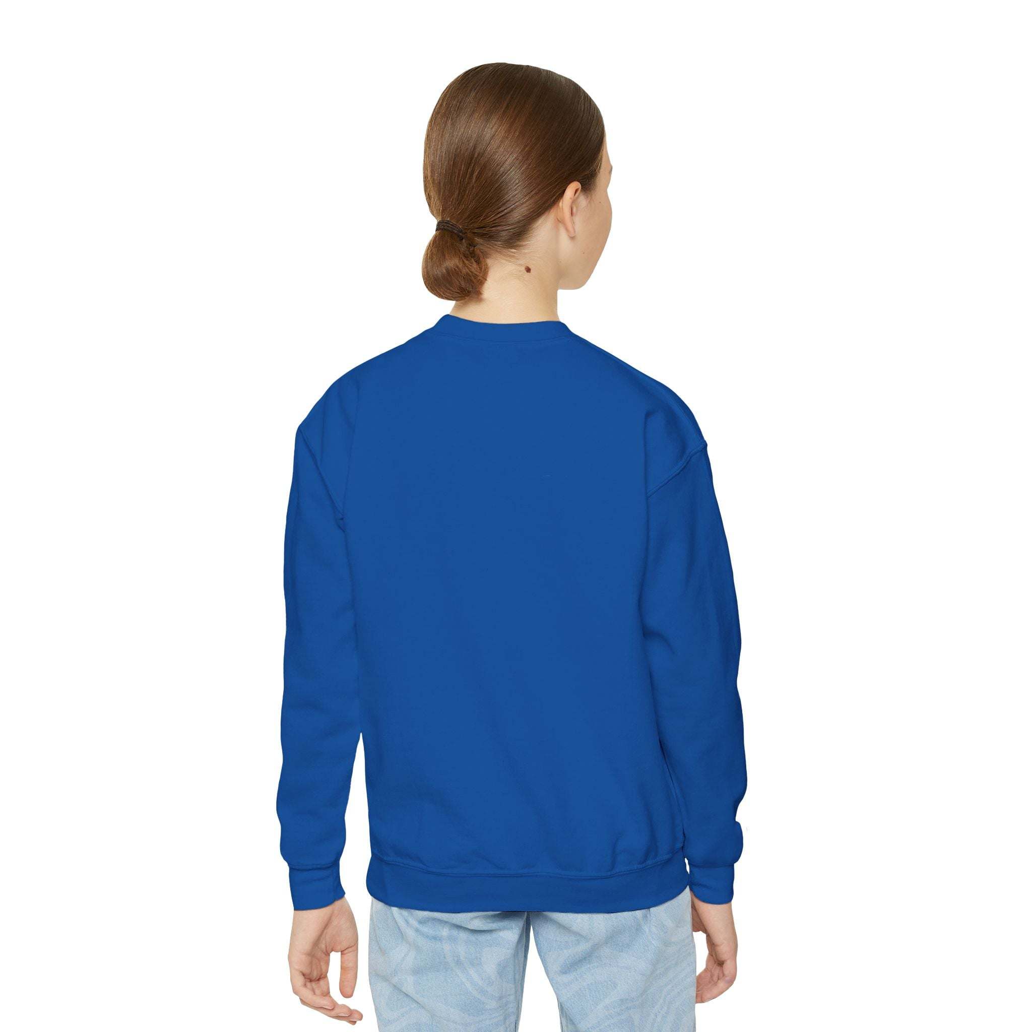 Youth crewneck sweatshirt with Pelican Santa Hat embroidered design in blue
