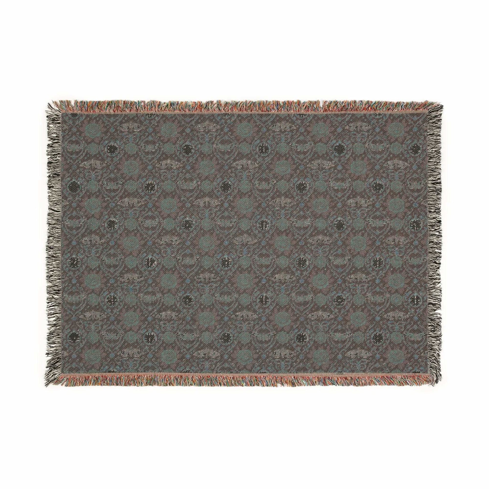 Victorian Gothmas Woven Blanket with deep blacks, faded crimson, holly greens, and colorful fringed edges