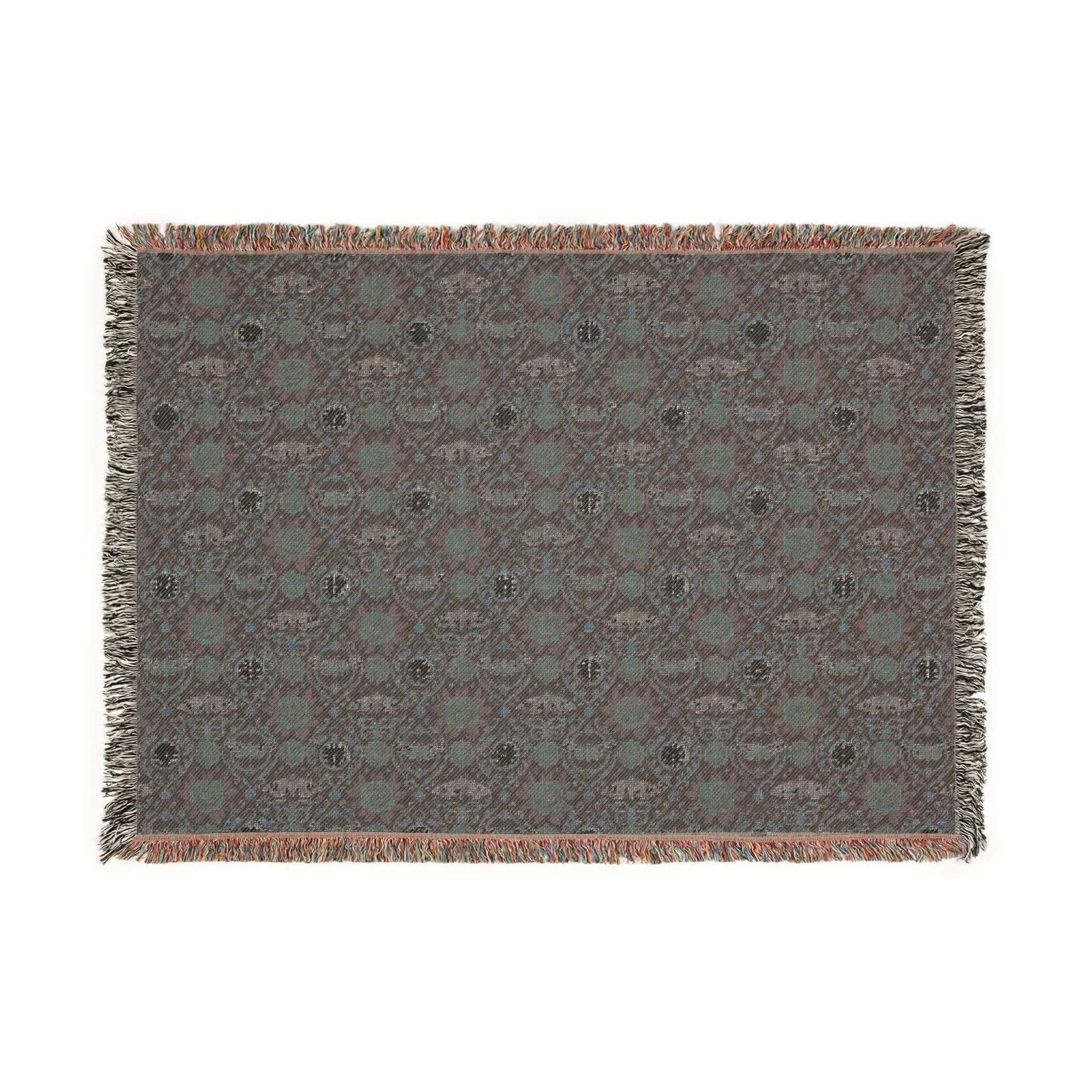 Victorian Gothmas Woven Blanket with deep blacks, faded crimson, holly greens, and colorful fringed edges