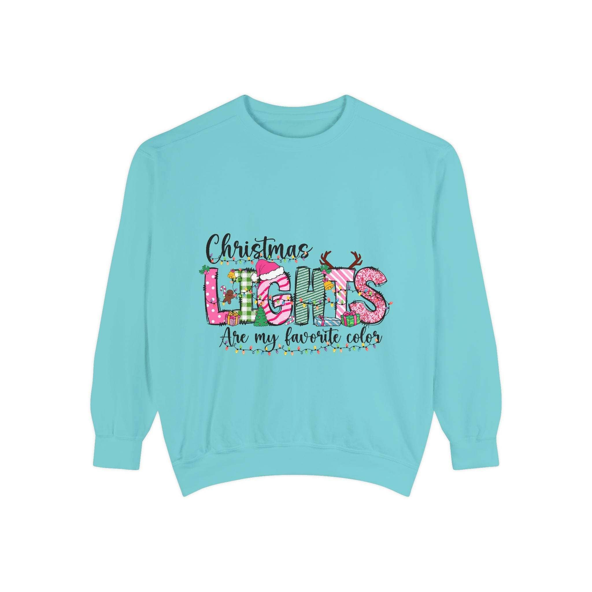 White garment-dyed sweatshirt featuring festive Christmas lights design by Printify