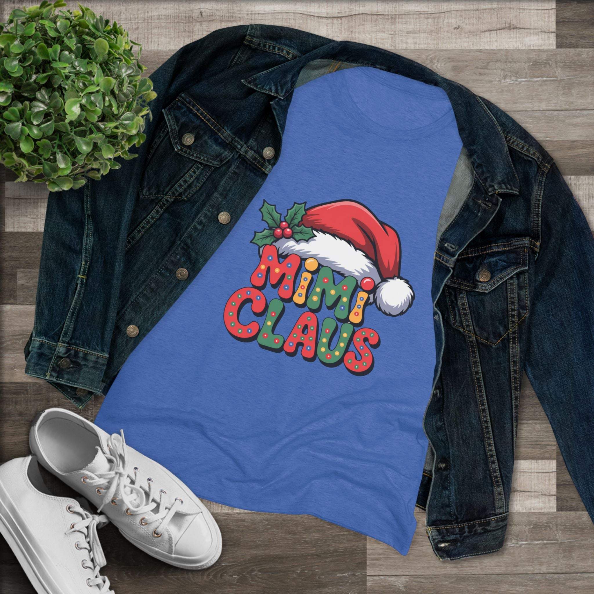 Women T-shirt with festive Mimi Claus design and Santa hat in soft triblend fabric for Christmas holiday