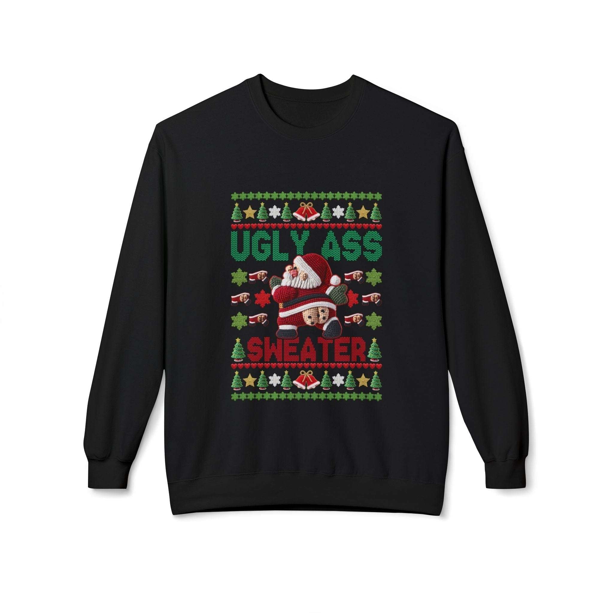 Black Ugly Ass Christmas Sweatshirt with festive Santa and holiday design, relaxed fit, ribbed cuffs and hem
