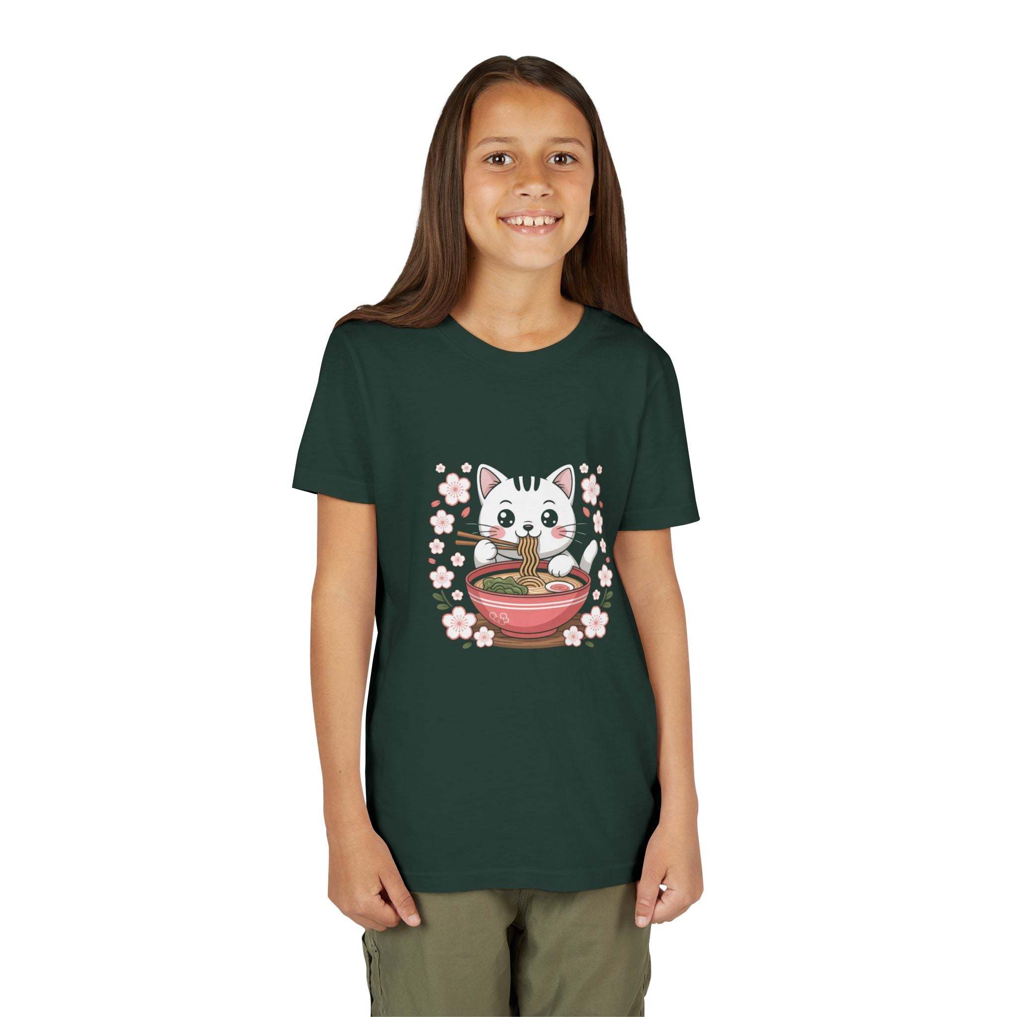 Youth tee with kawaii cat eating ramen bowl graphic on soft cotton shirt