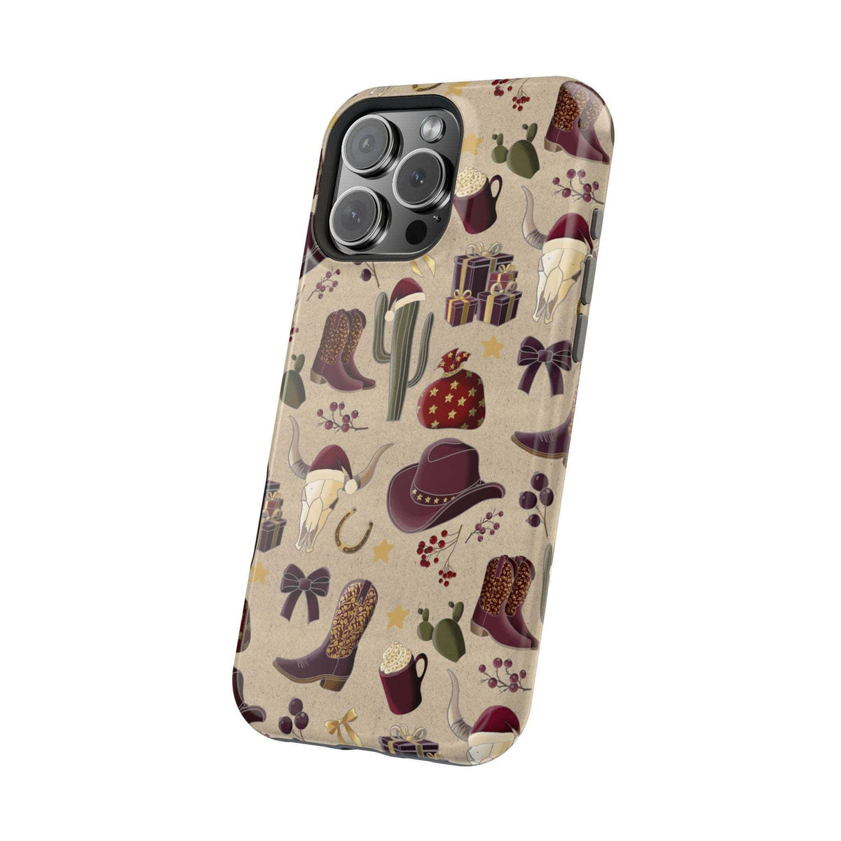 Cowboy Christmas design phone case for iPhone 17 in glossy finish by Printify, featuring festive colors and patterns.