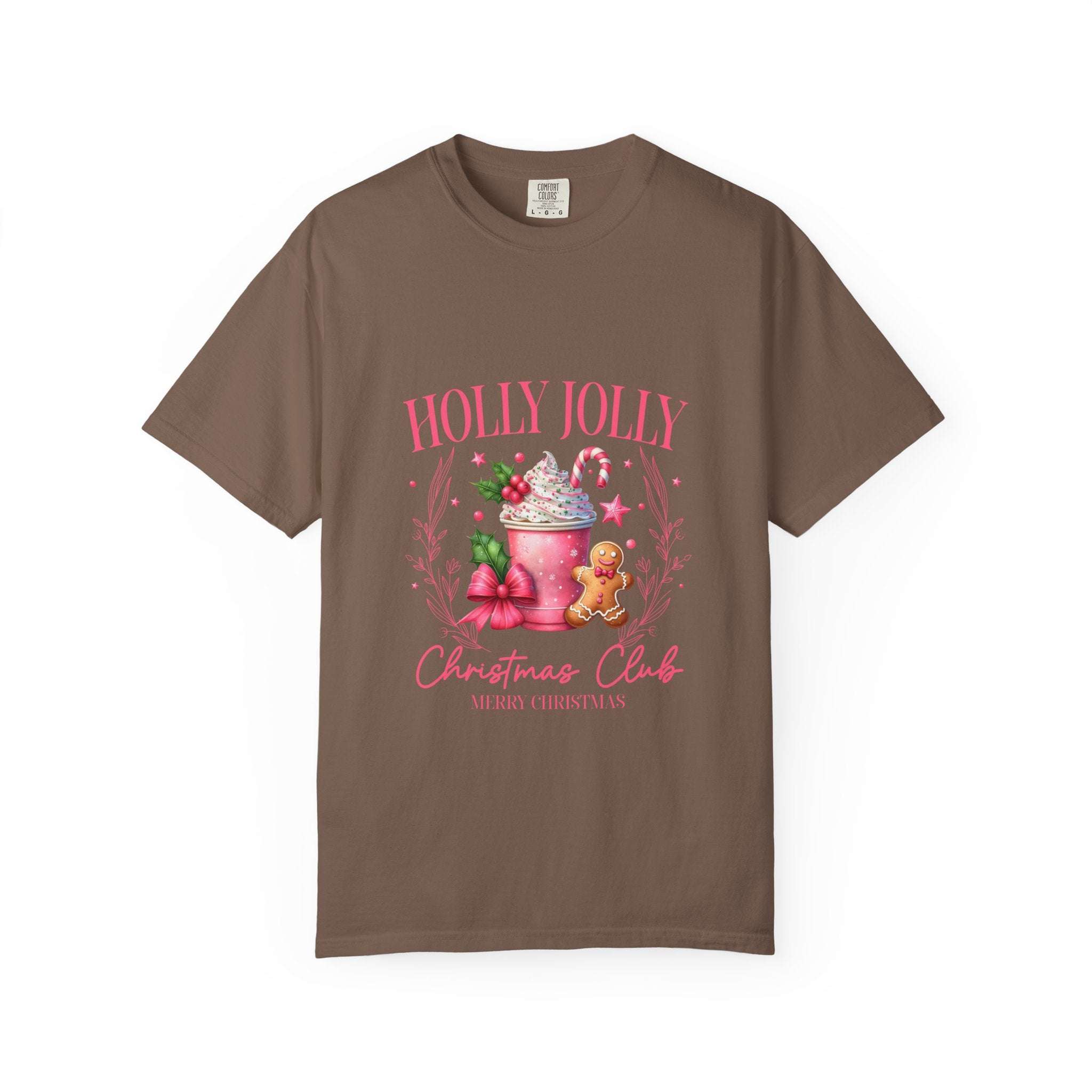 Holly Jolly Christmas Club unisex garment-dyed tee in black, festive holiday apparel, and new arrival from Printify
