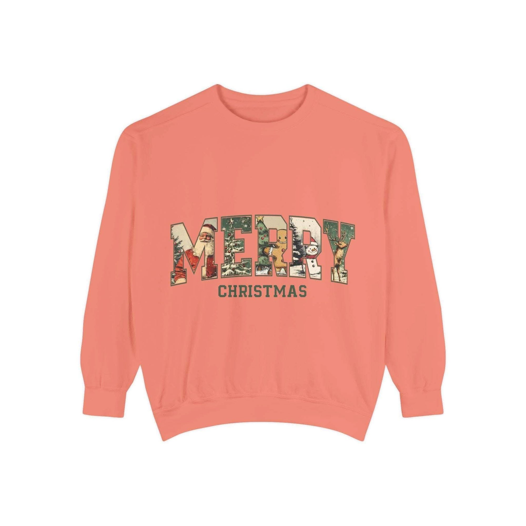 White vintage varsity Merry Christmas sweatshirt by Printify in sizes S, M, and L.