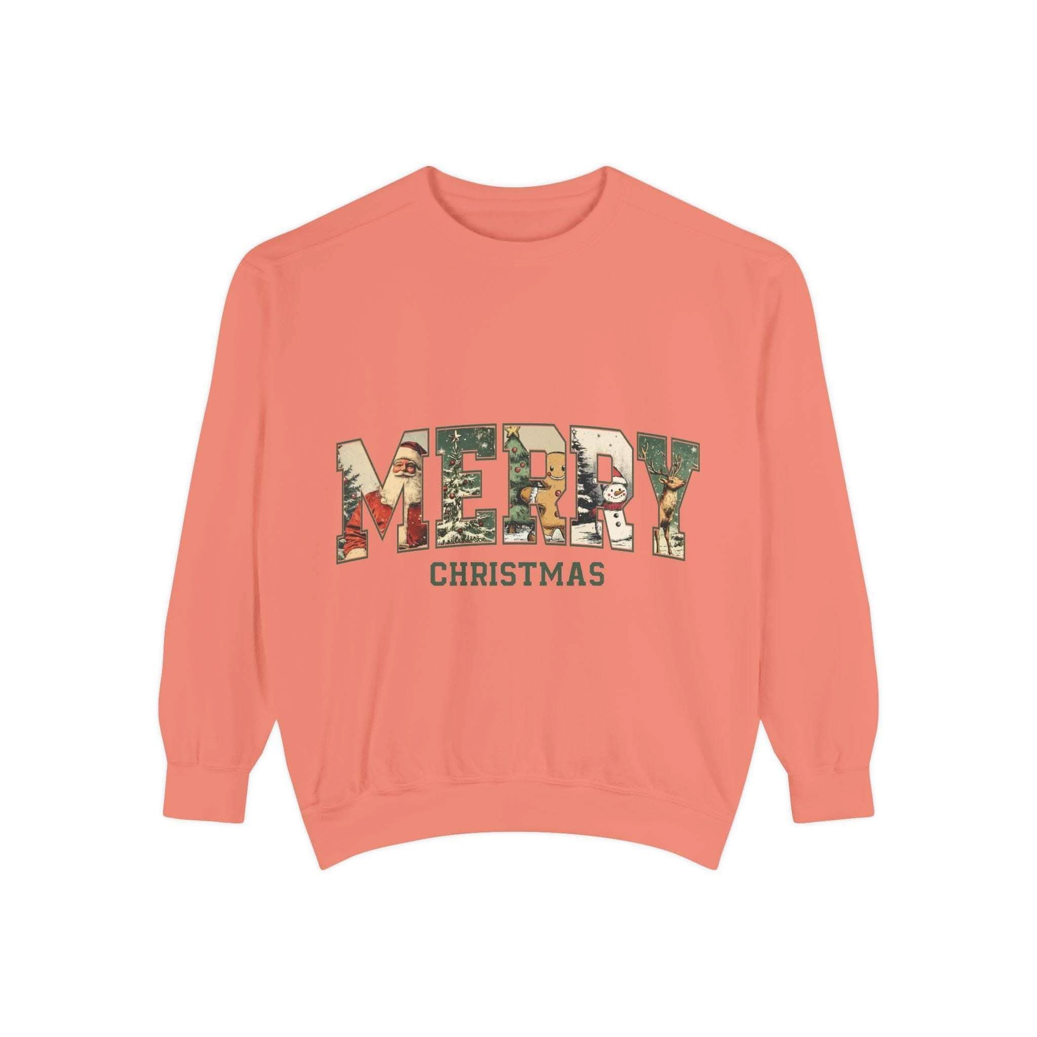 White vintage varsity Merry Christmas sweatshirt by Printify in sizes S, M, and L.