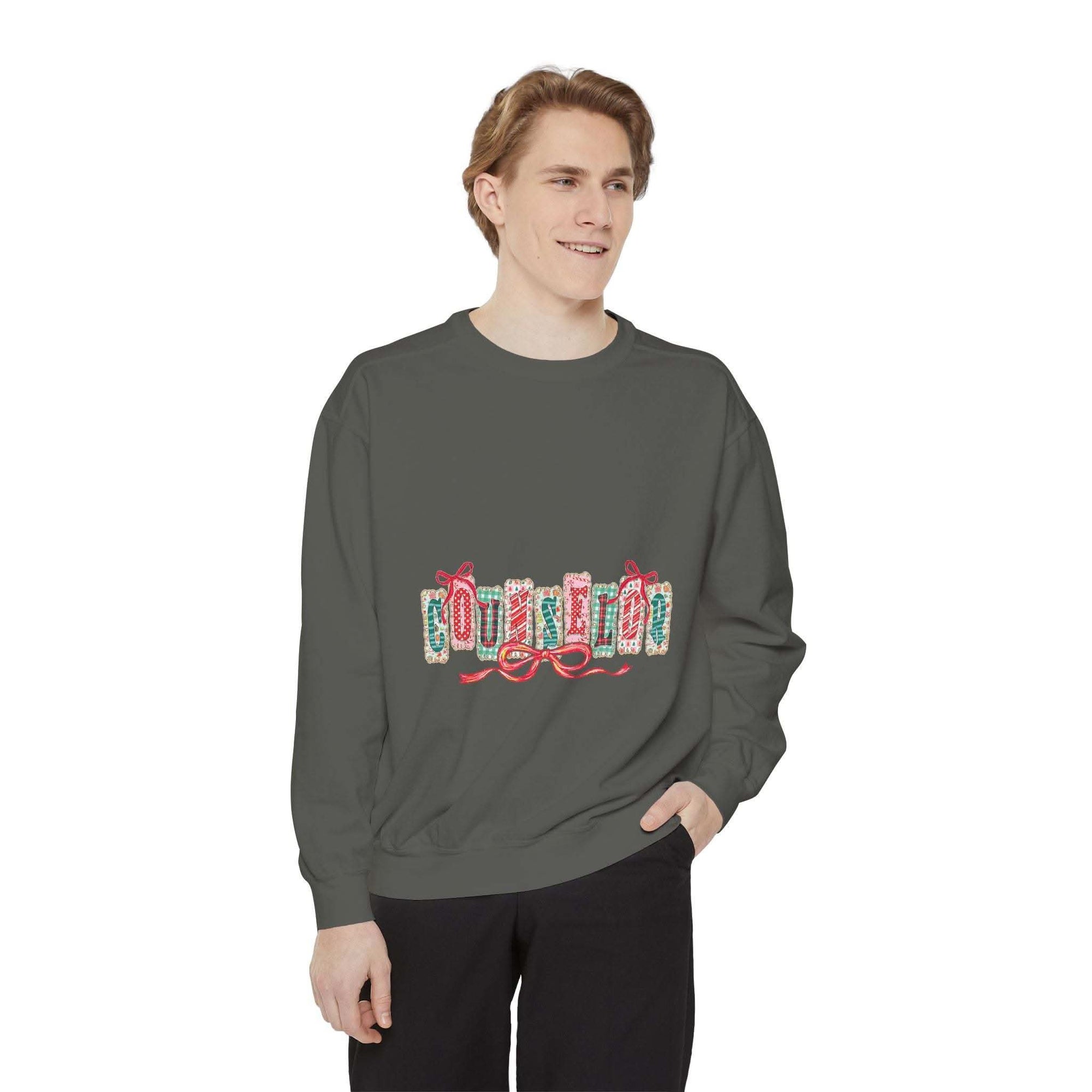Garment-dyed True Navy sweatshirt with festive Christmas design, perfect for holiday gifting, by Printify