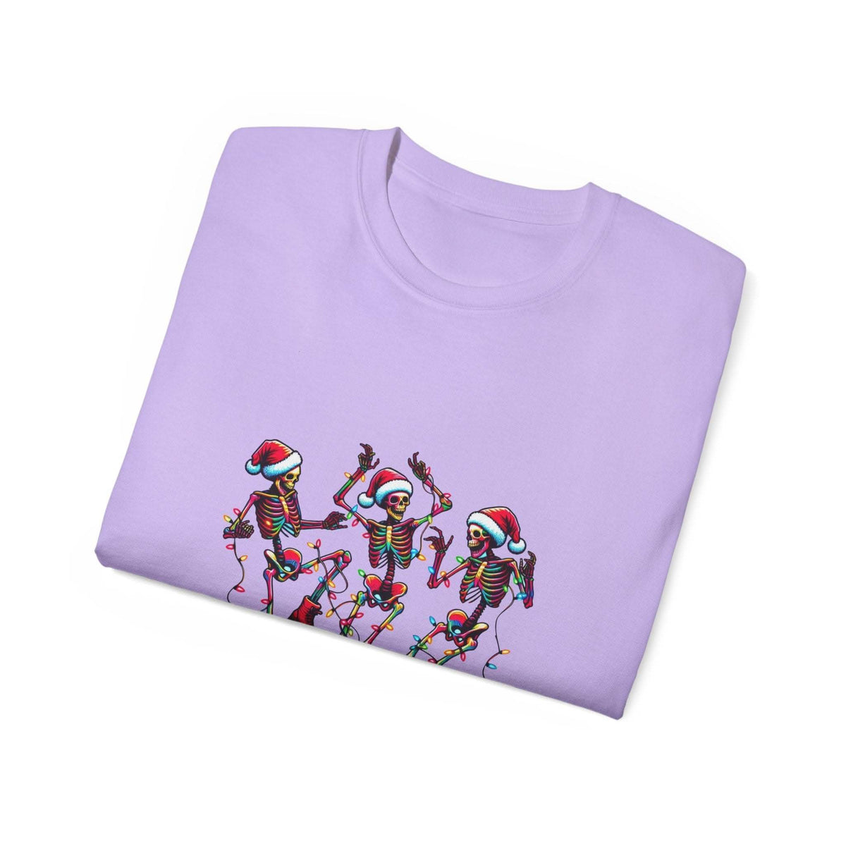 White Christmas Dancing Skeletons t-shirt by Printify, festive design perfect for holiday celebrations