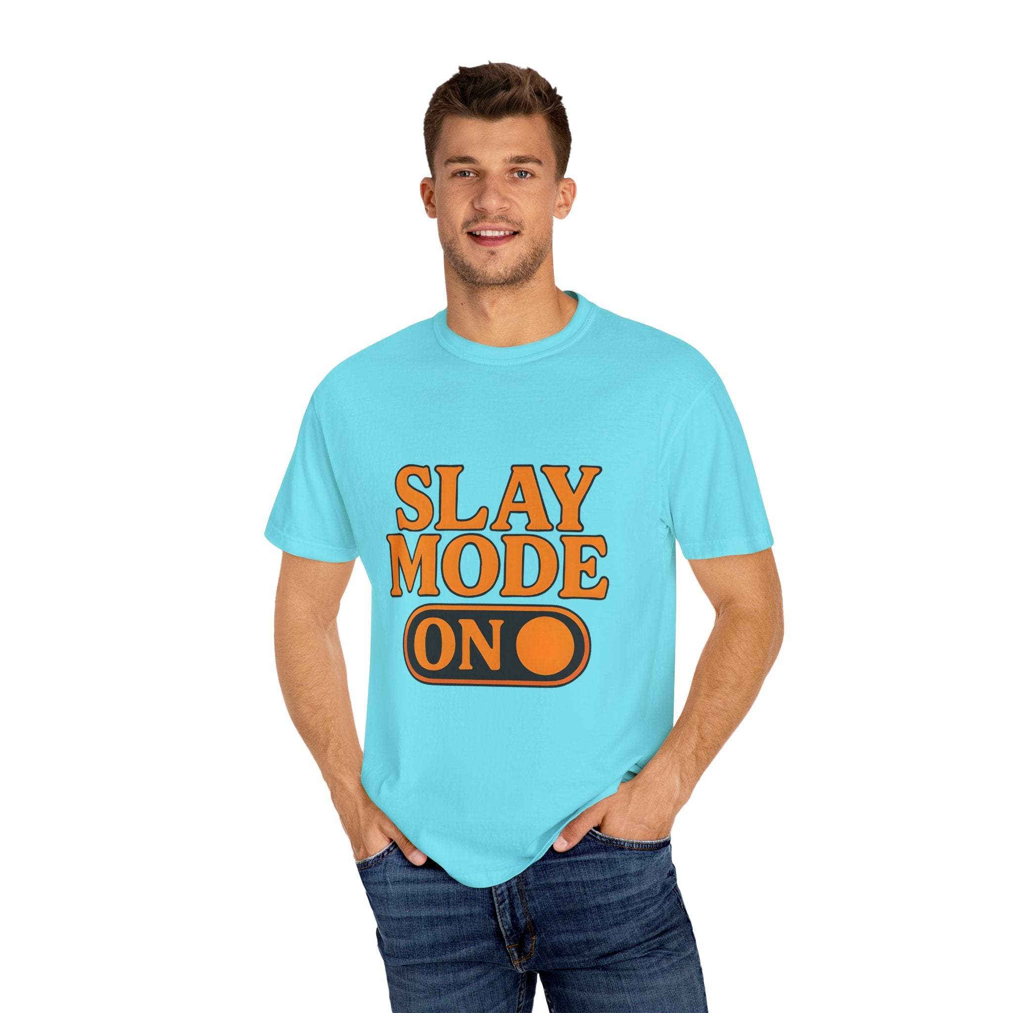 Blue garment-dyed tee with "Slay Mode On" text, casual fit, 100% cotton