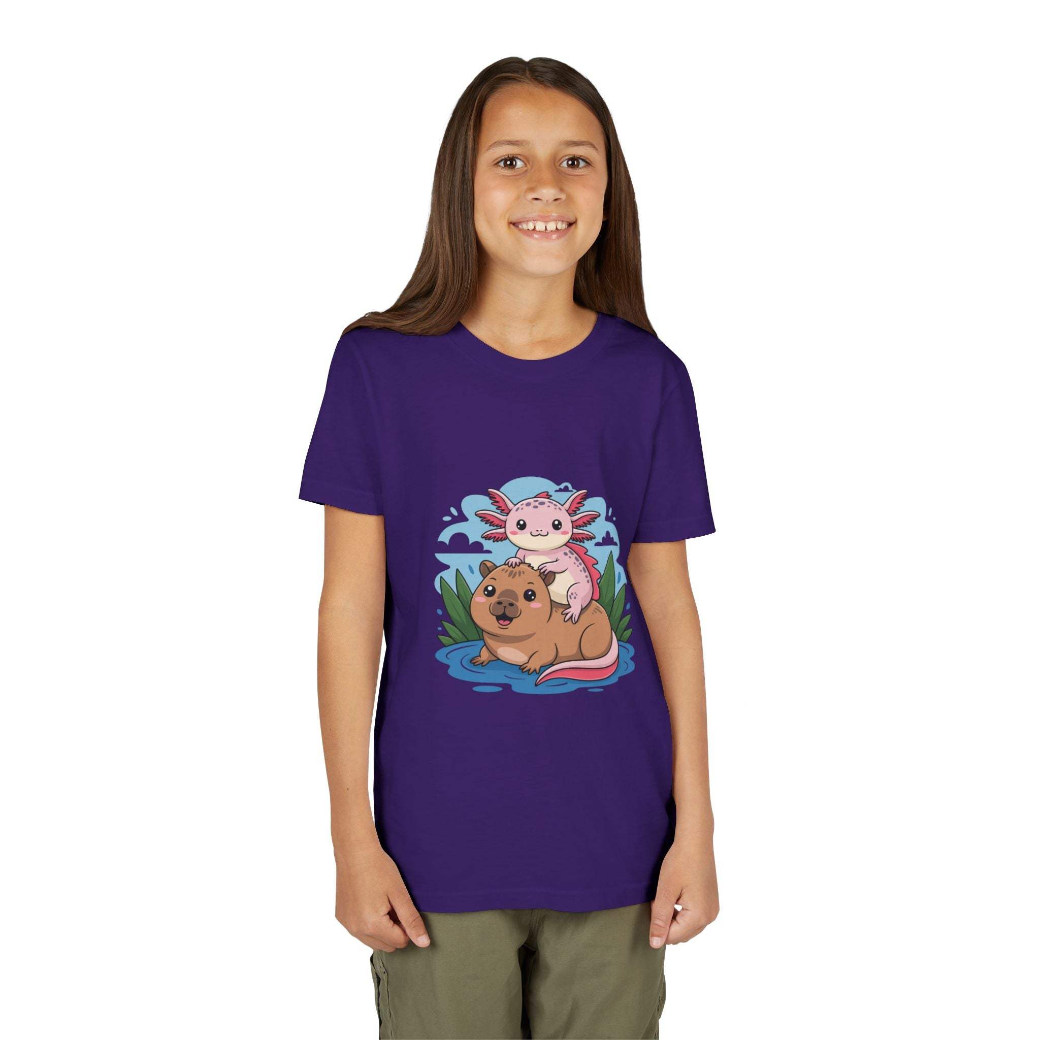Youth tee with axolotl on capybara design, soft breathable cotton, relaxed fit for kids