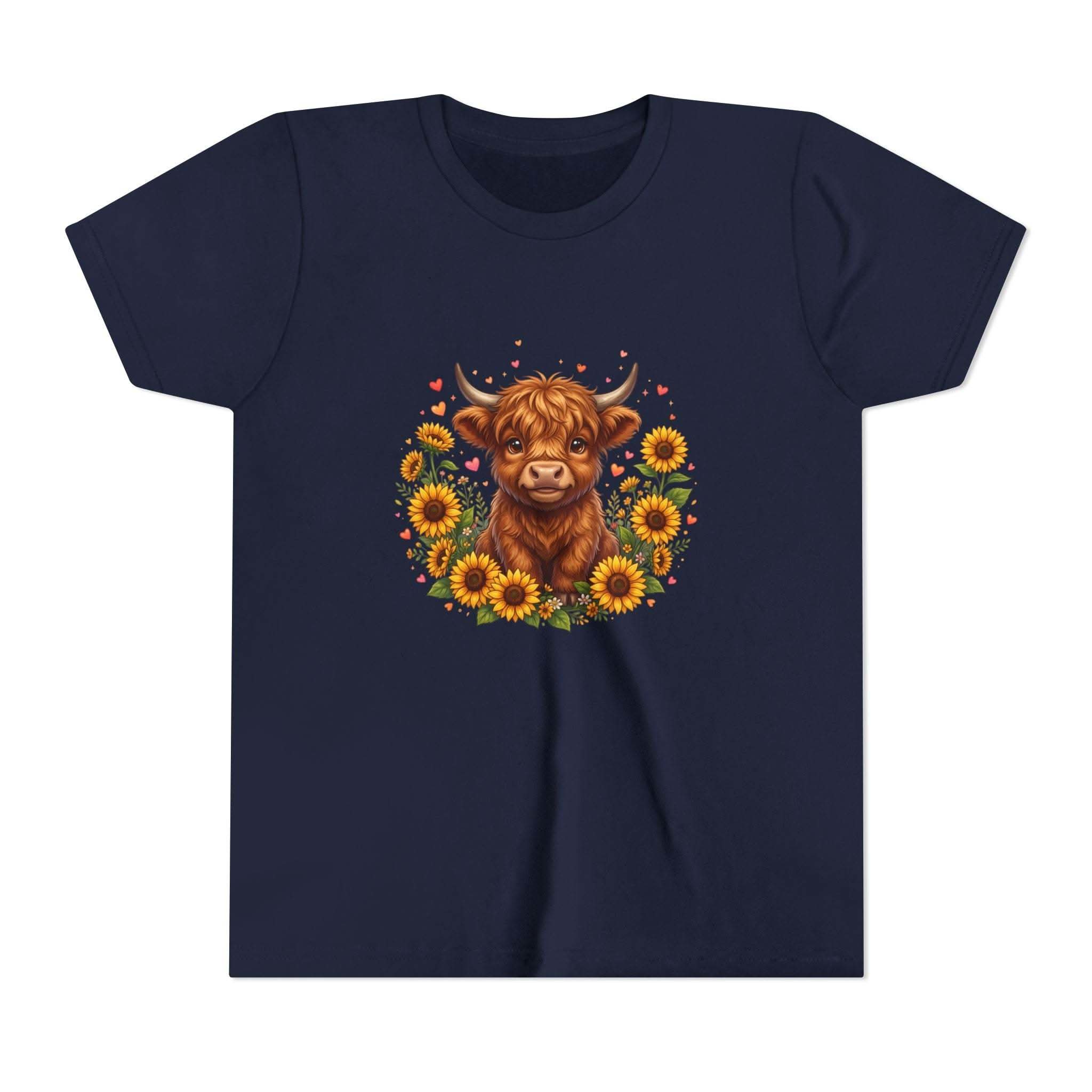 Youth tee featuring Highland Cow with Sunflowers design on soft cotton fabric