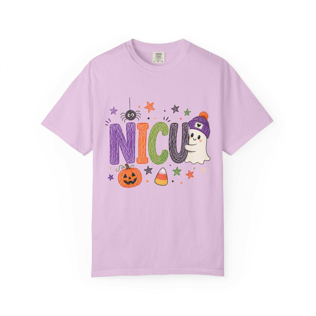 Orchid purple NICU nurse Halloween T-shirt with colorful crayon-style lettering, a smiling ghost in a purple beanie, pumpkin, and candy corn.