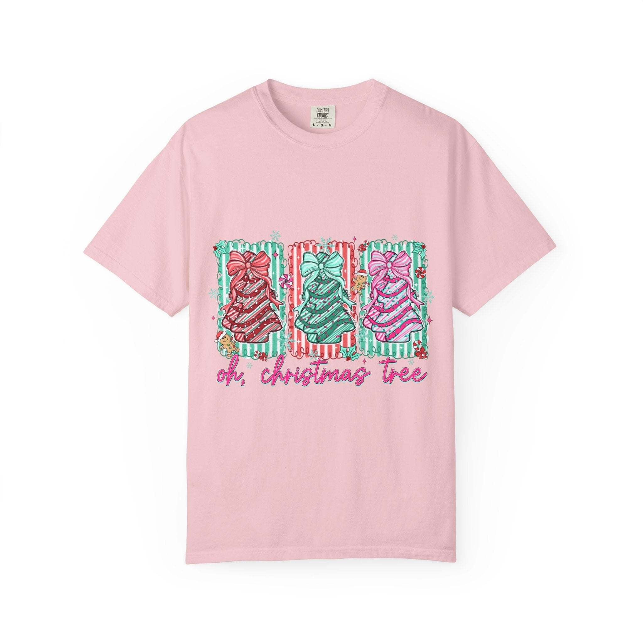 Pink garment-dyed Oh Christmas Tree T-shirt with festive tree designs and holiday lettering